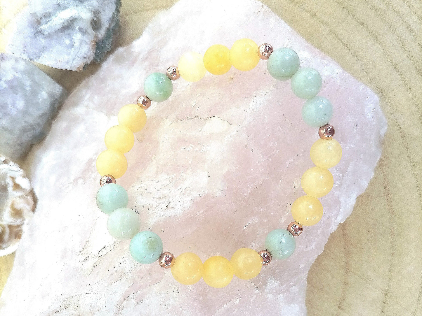 Bracciale perle 8mm calcite gialla, amazzonite, rame