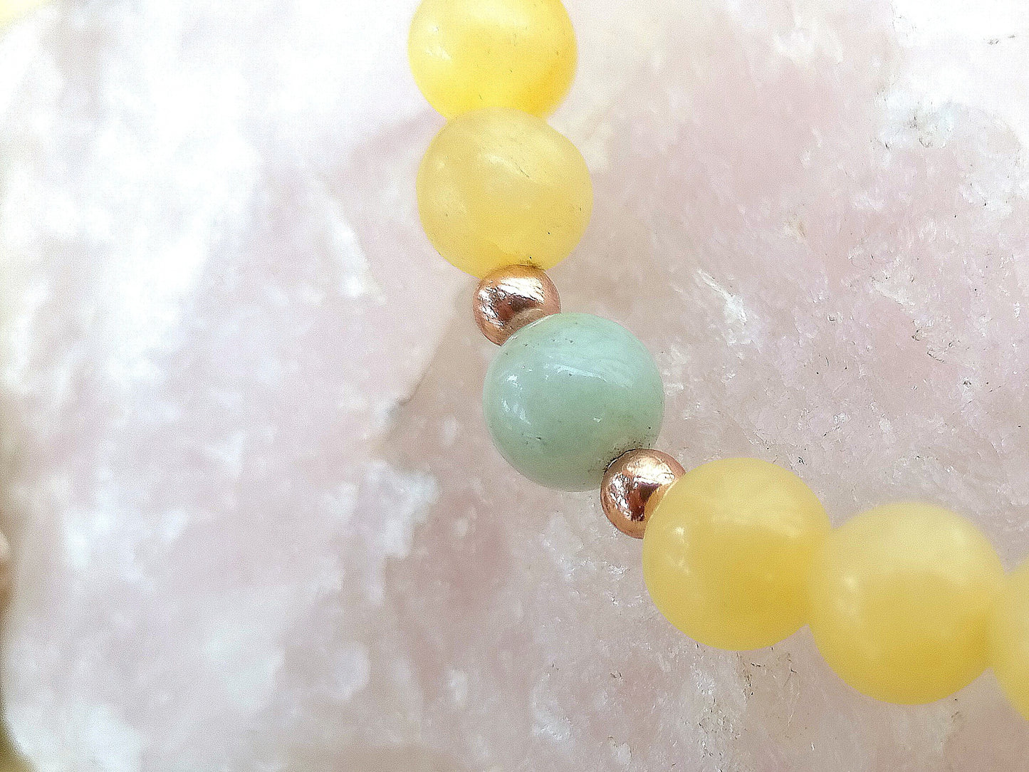 Bracciale perle 8mm calcite gialla, amazzonite, rame
