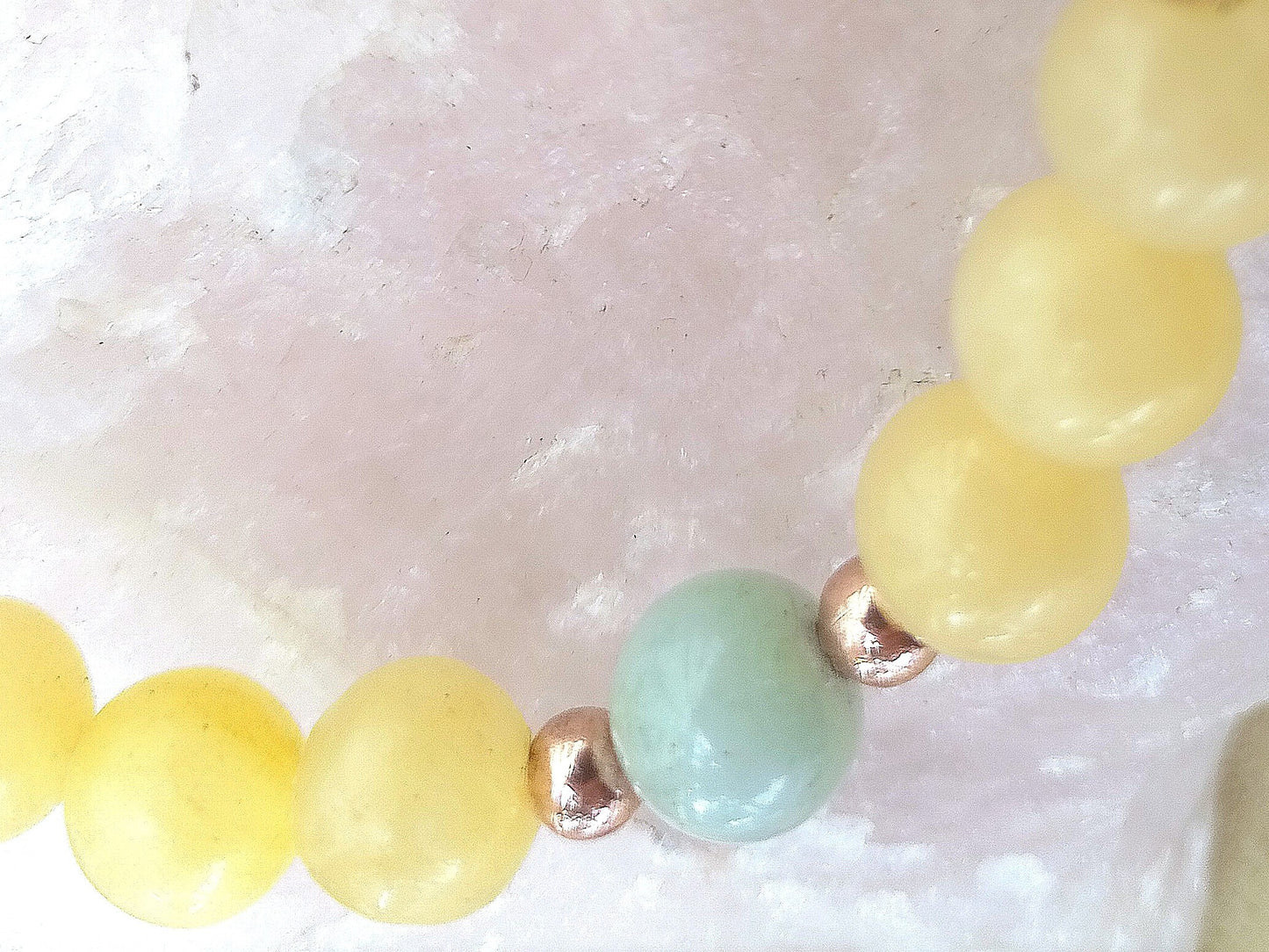 Bracciale perle 8mm calcite gialla, amazzonite, rame