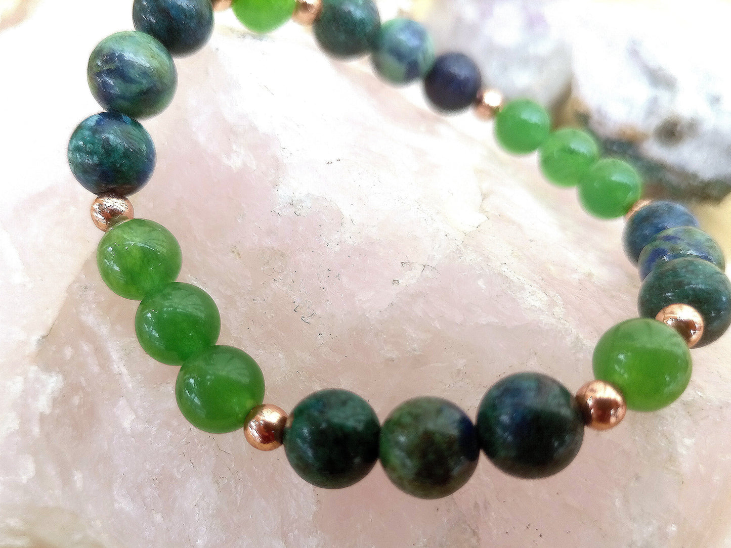 Bracciale perle 8mm azzurrite, avventurina, rame