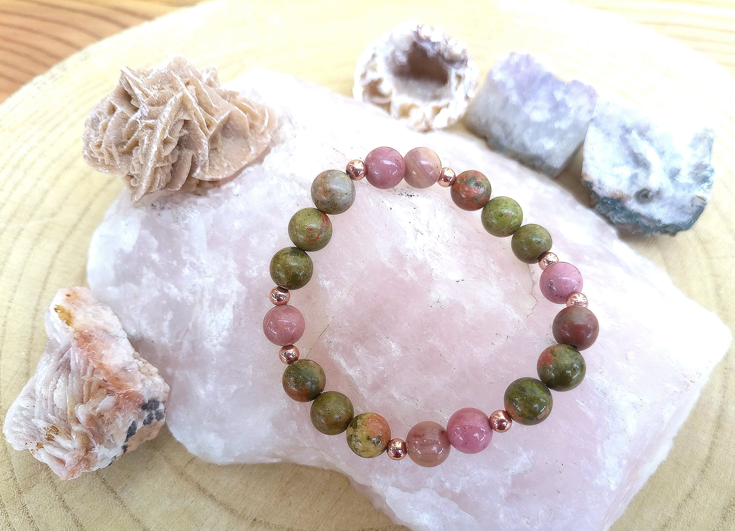Bracciale perle 8mm rodonite, unakite, rame