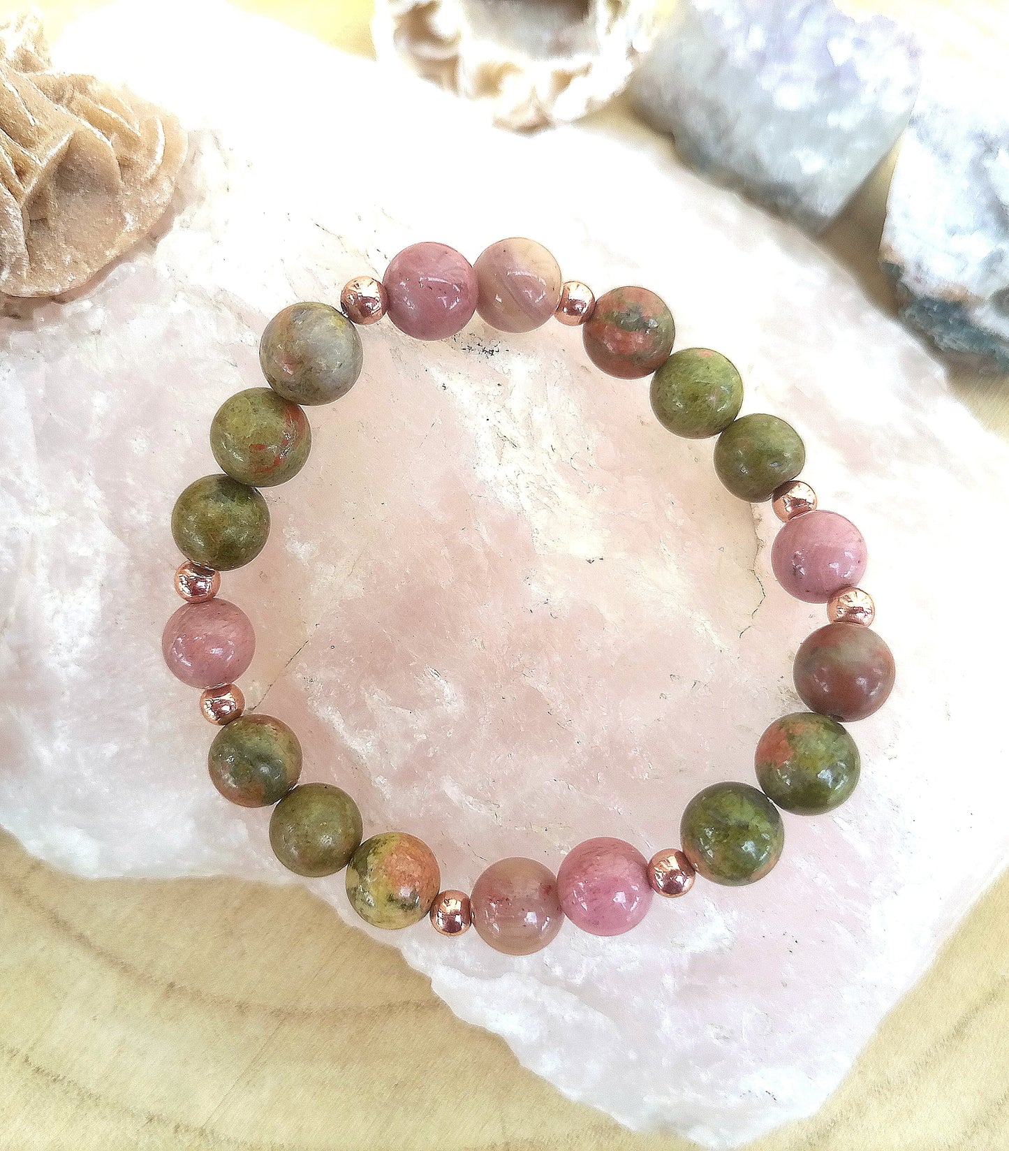 Bracciale perle 8mm rodonite, unakite, rame