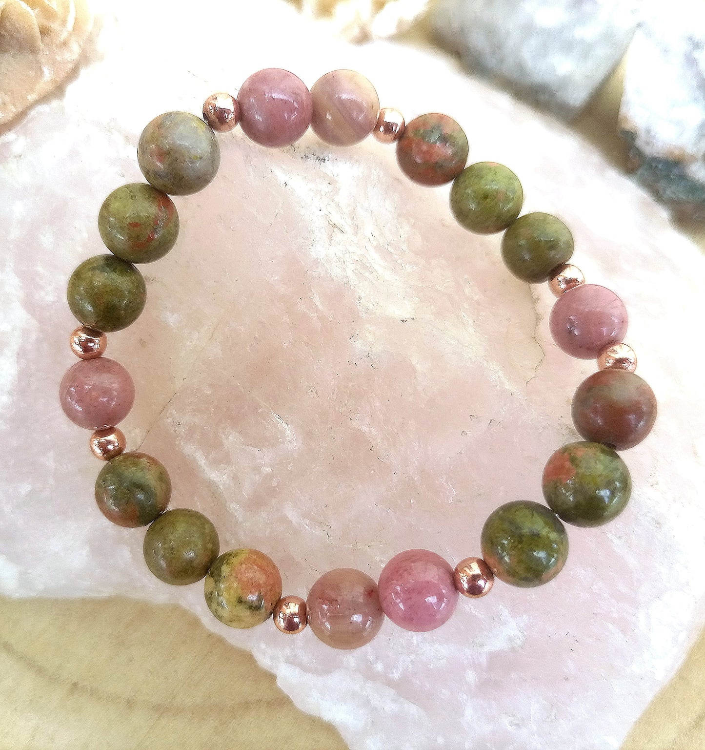 Bracciale perle 8mm rodonite, unakite, rame