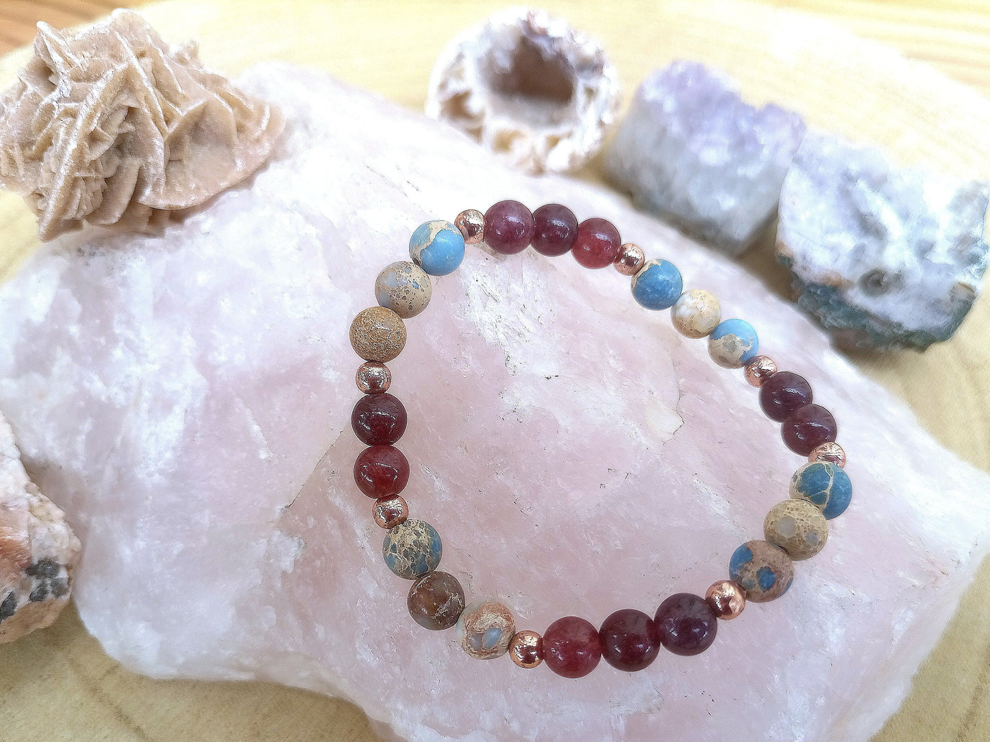 Bracciale perle 6mm granato almandino, diaspro imperiale, rame