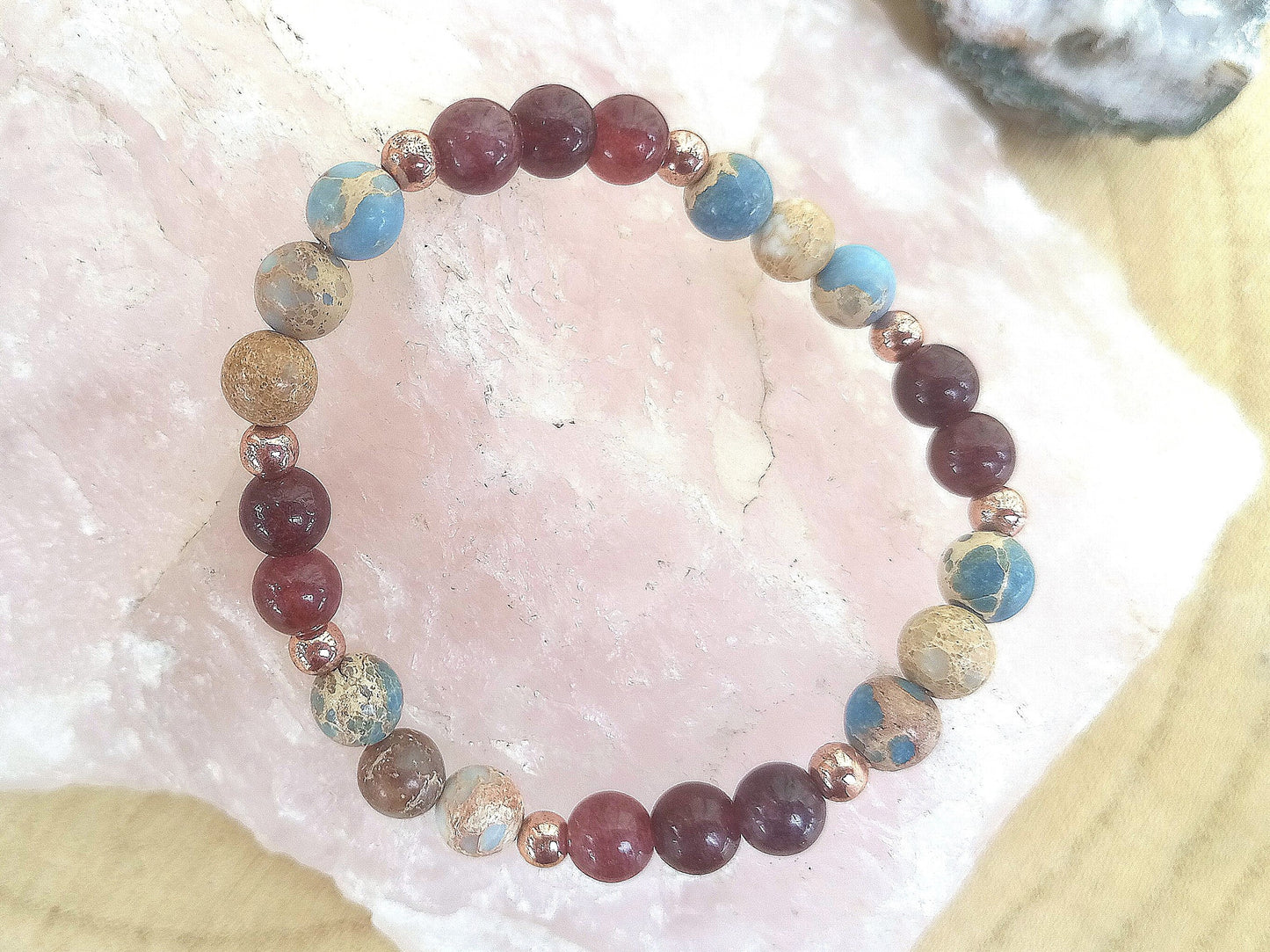 Bracciale perle 6mm granato almandino, diaspro imperiale, rame