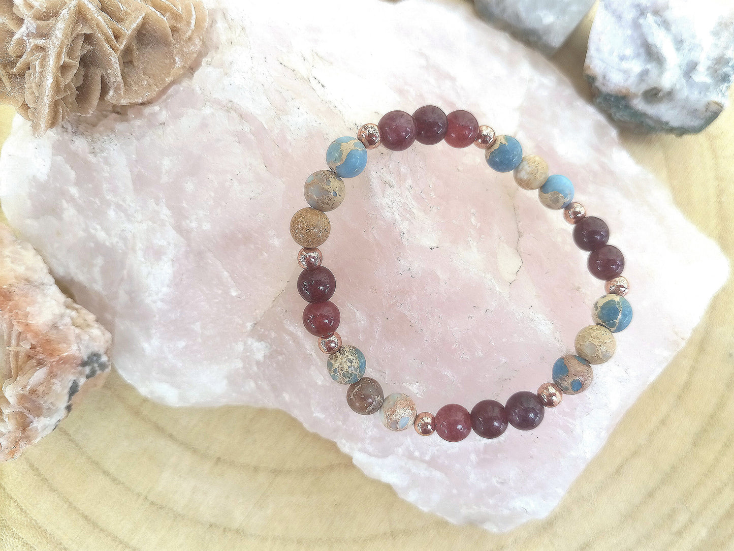 Bracciale perle 6mm granato almandino, diaspro imperiale, rame