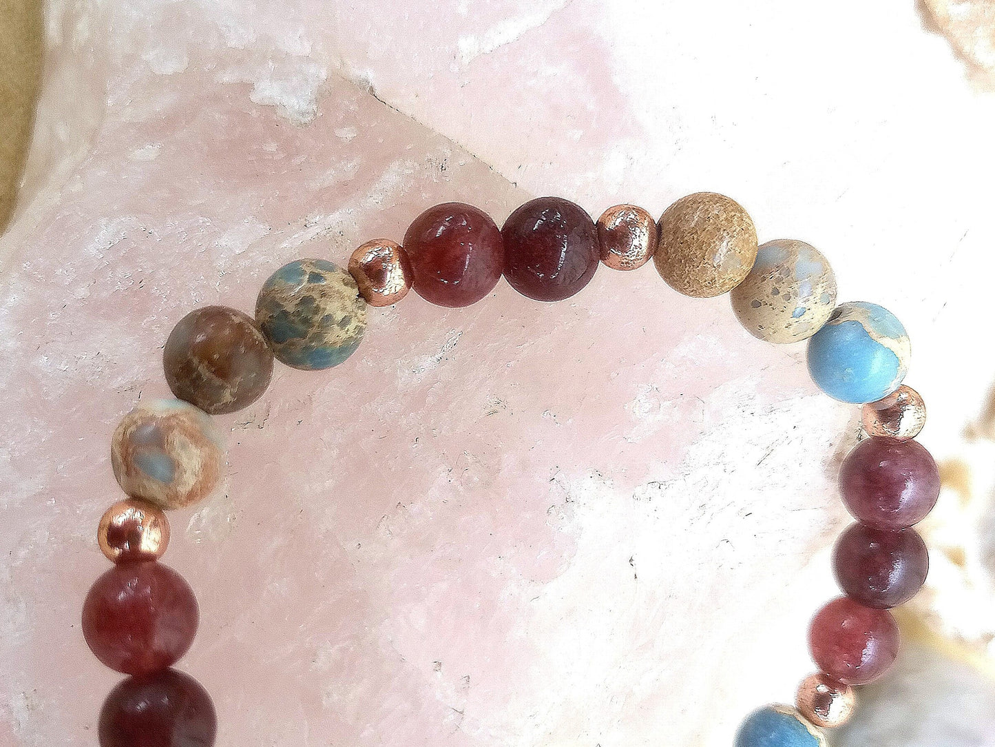 Bracciale perle 6mm granato almandino, diaspro imperiale, rame