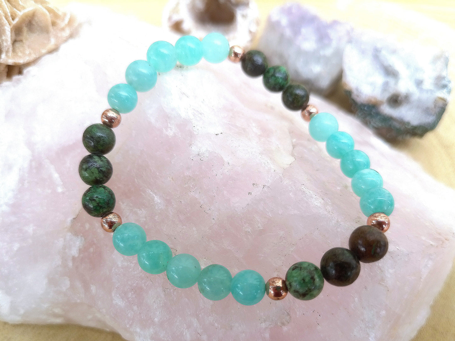 Bracciale perle 6mm amazzonite, giada africana, rame