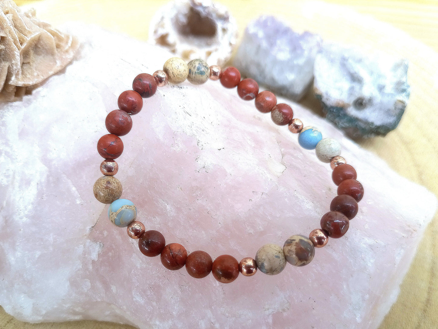 Bracciale perle 6mm diaspro imperiale, diaspro rosso, rame