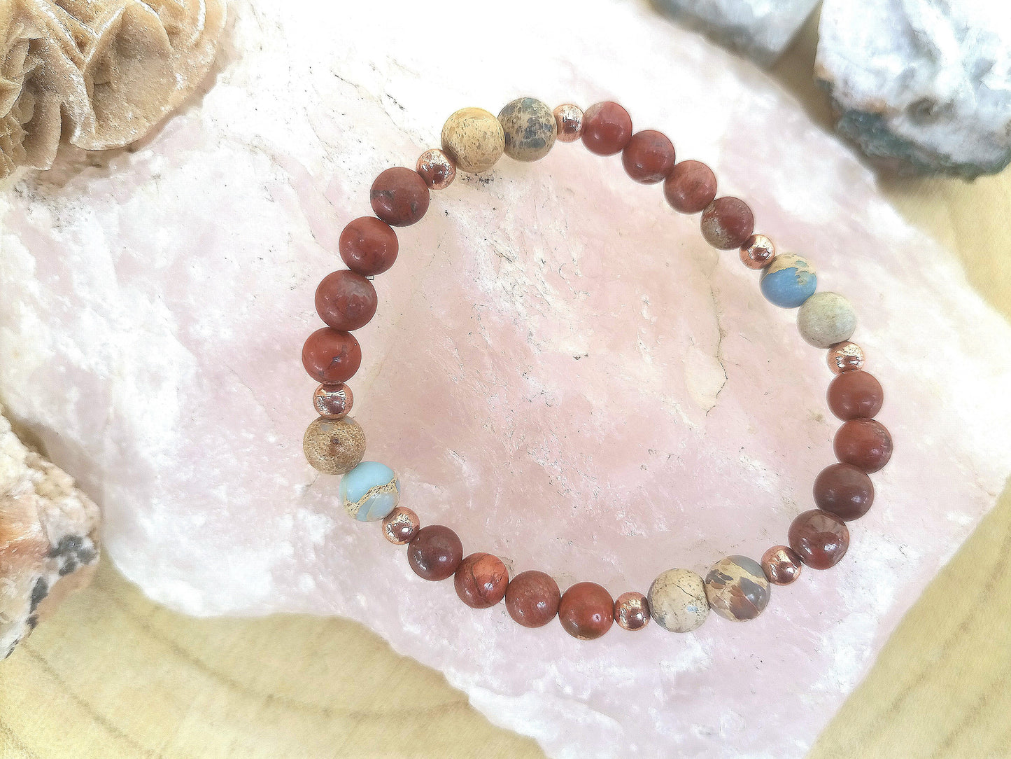Bracciale perle 6mm diaspro imperiale, diaspro rosso, rame