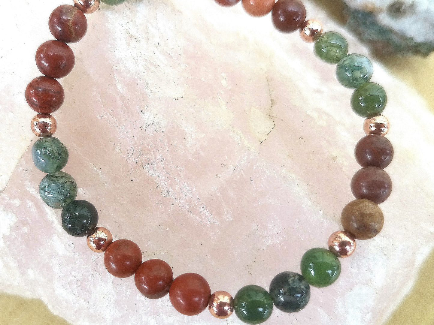 Bracciale perle 6mm diaspro rosso, agata muschiata, rame