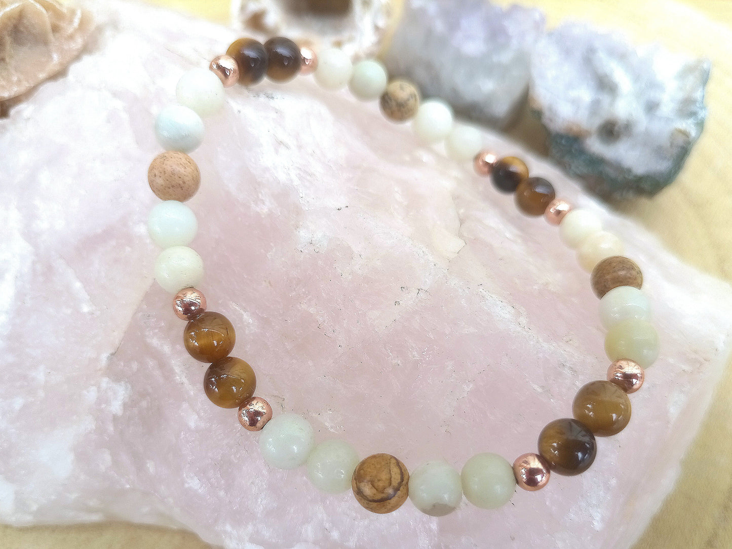 Bracciale perle 6mm occhio di tigre, amazzonite, diaspro paesaggio, rame