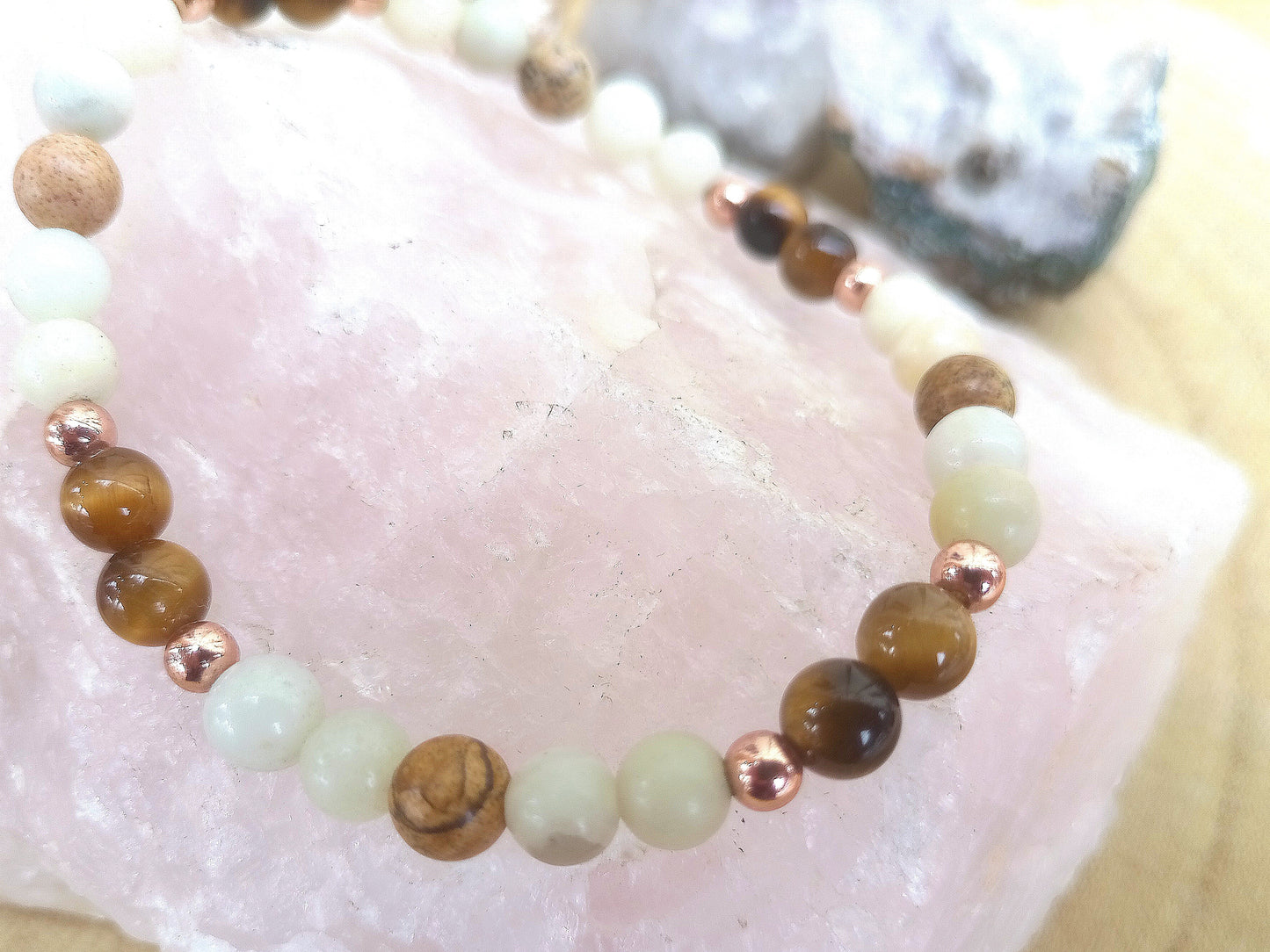 Bracciale perle 6mm occhio di tigre, amazzonite, diaspro paesaggio, rame