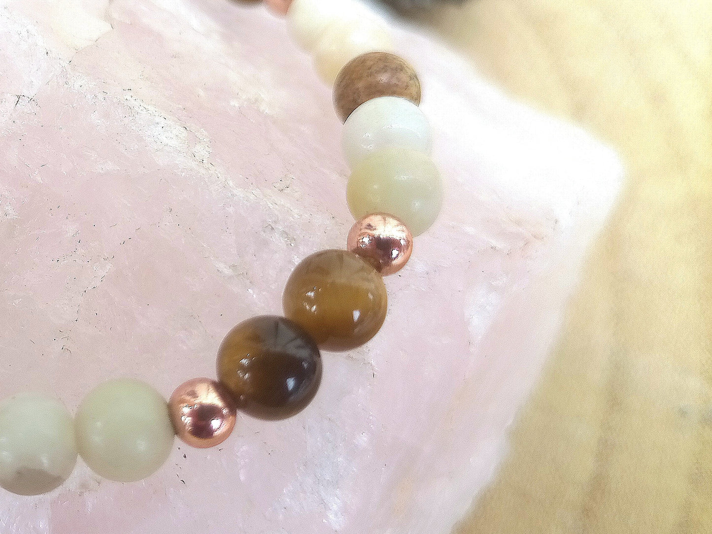 Bracciale perle 6mm occhio di tigre, amazzonite, diaspro paesaggio, rame