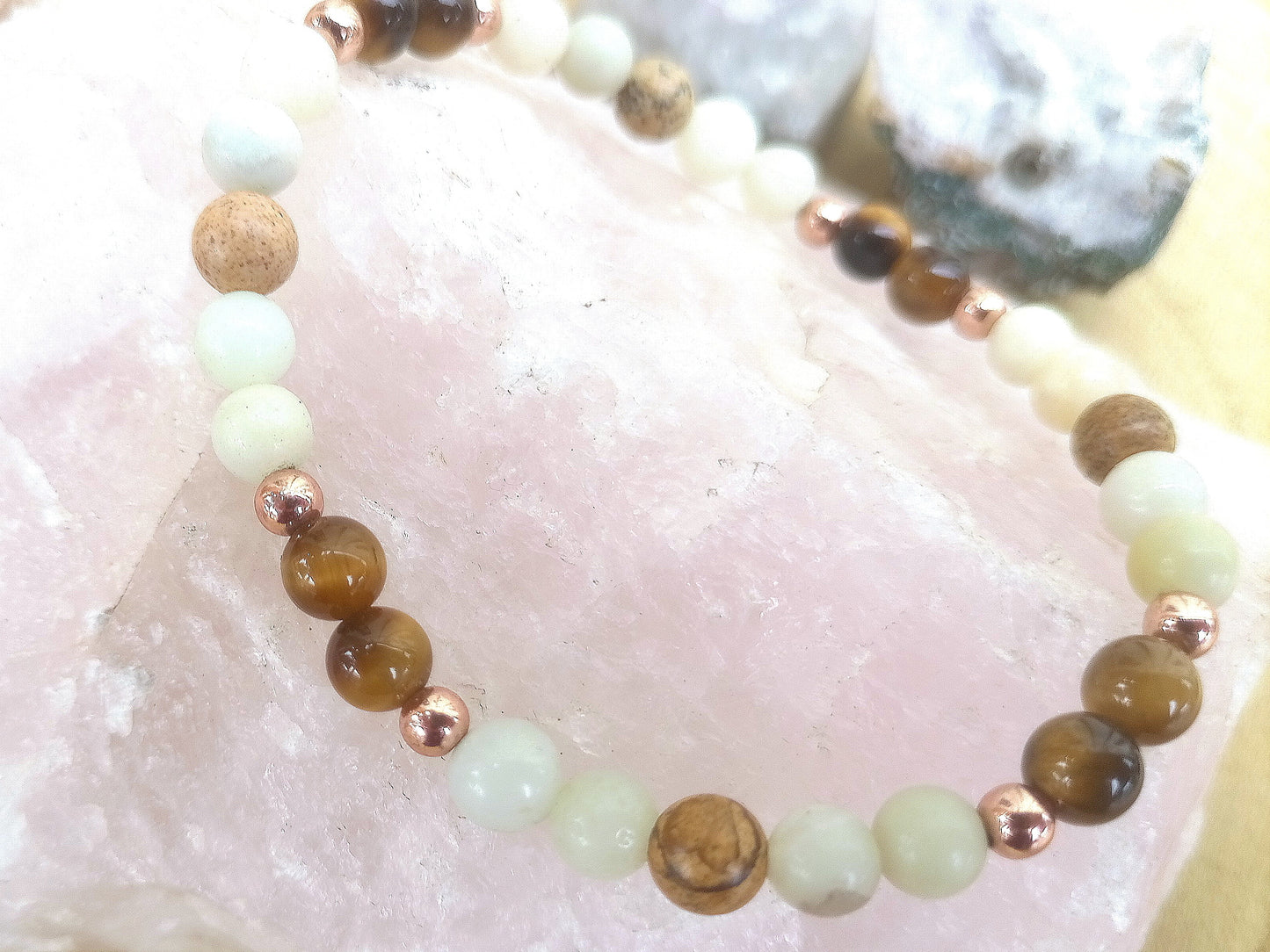 Bracciale perle 6mm occhio di tigre, amazzonite, diaspro paesaggio, rame