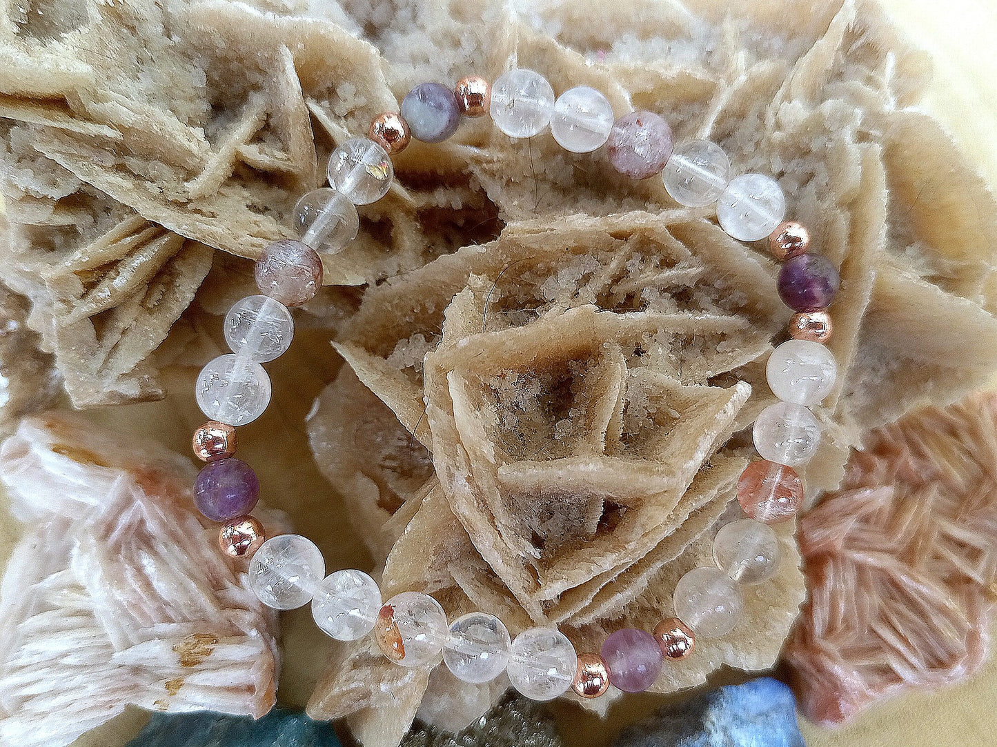 Bracciale perle 6mm quarzo ematoide, fluorite, rame