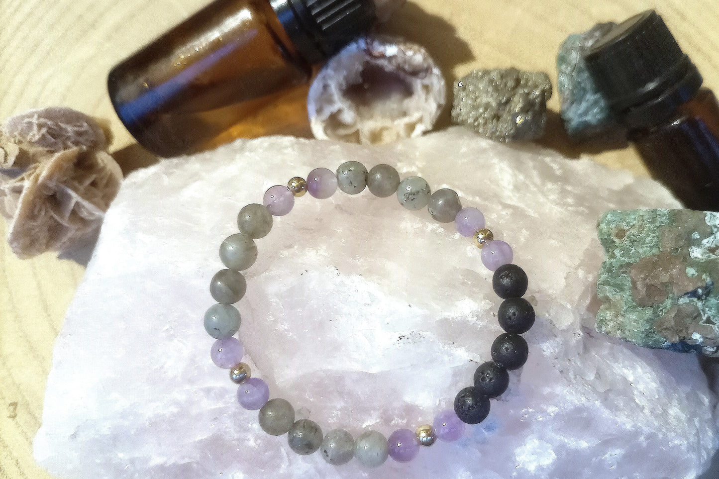Labradorite, ametista lavanda, lava, argento dorato 925