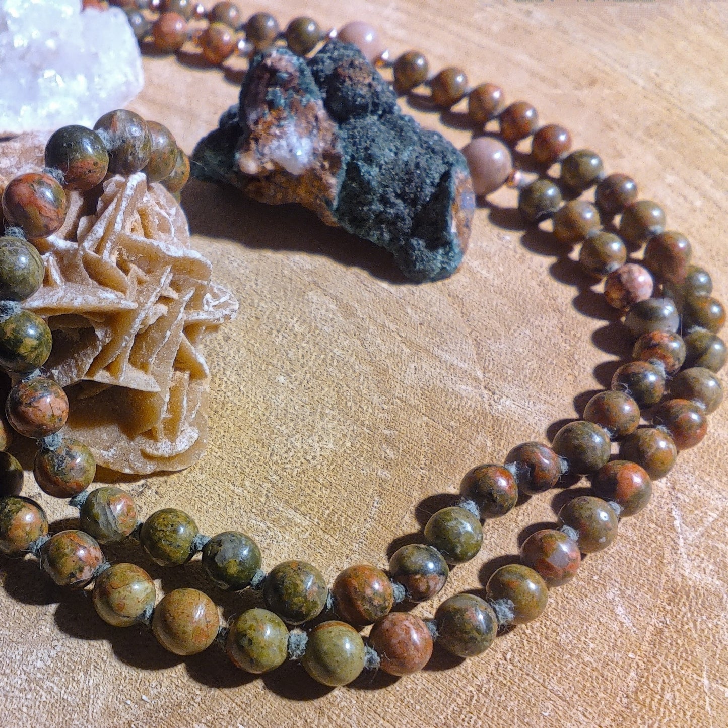 Mala 108 perle in Unakite, Rodonite, Pietra Guru Zebradorite e Rame