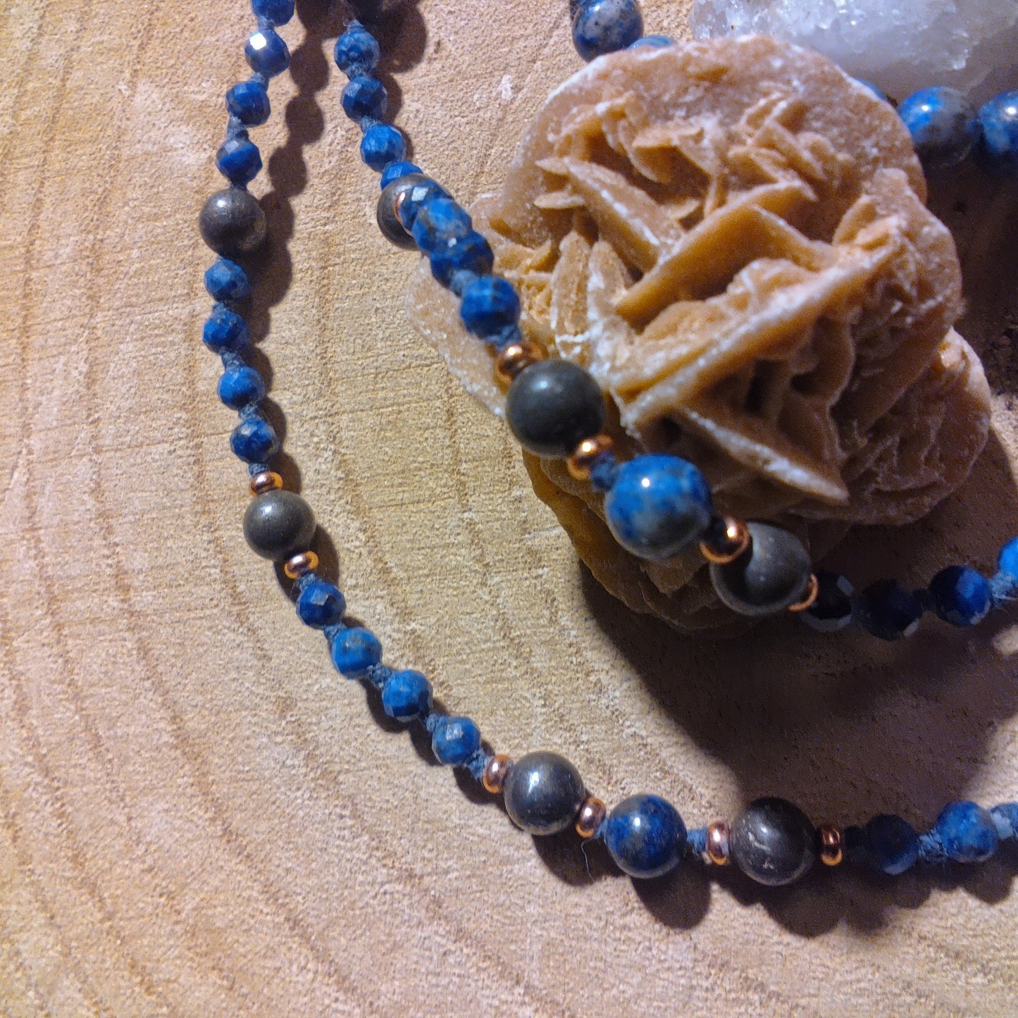 Mala per meditare in Lapislazzuli, Pirite, Pietra Guru Lapislazzuli, Rame