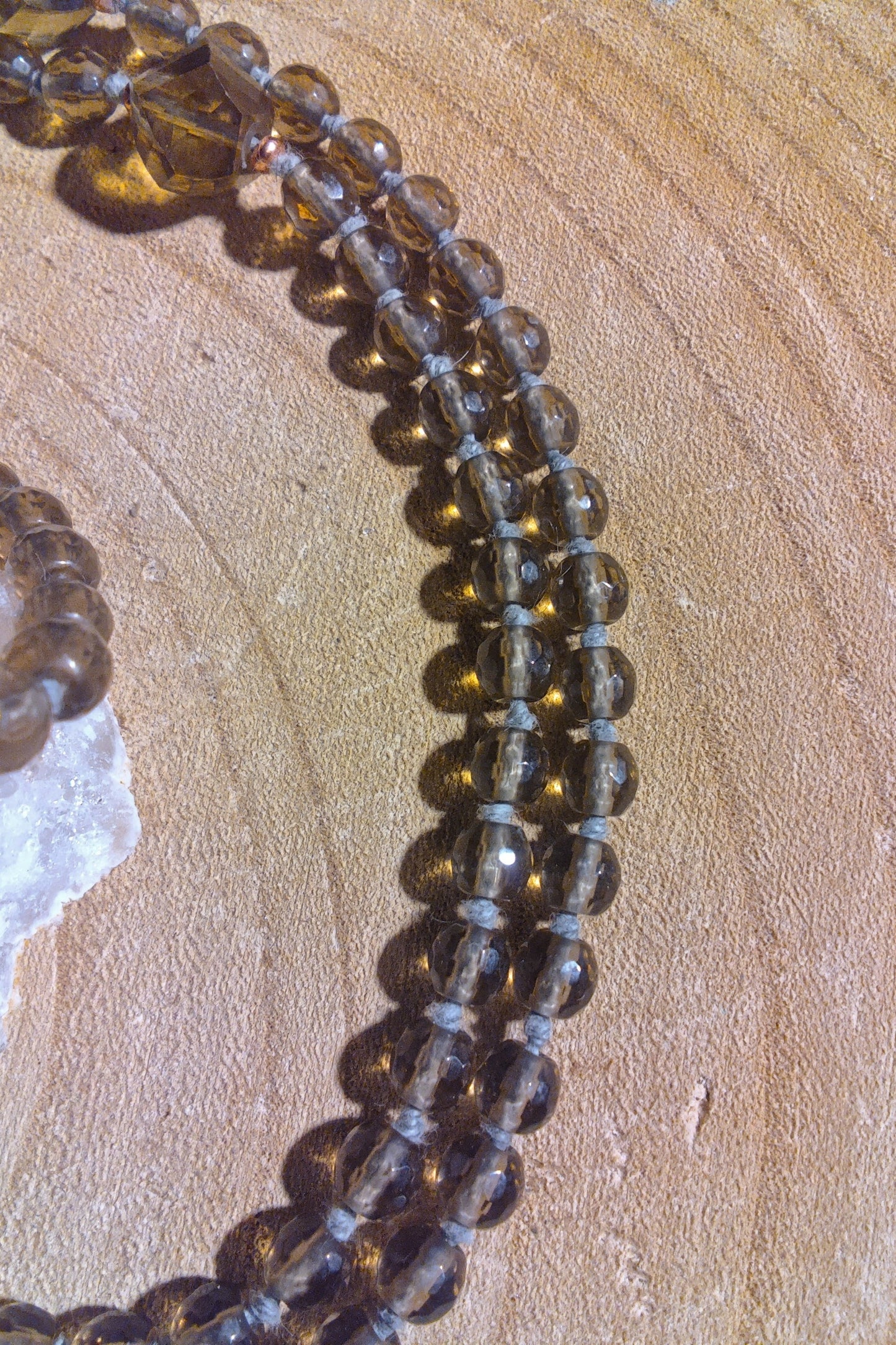 Mala da meditazione 108 perle Quarzo Fumè, pietra guru Quarzo Fumè, rame