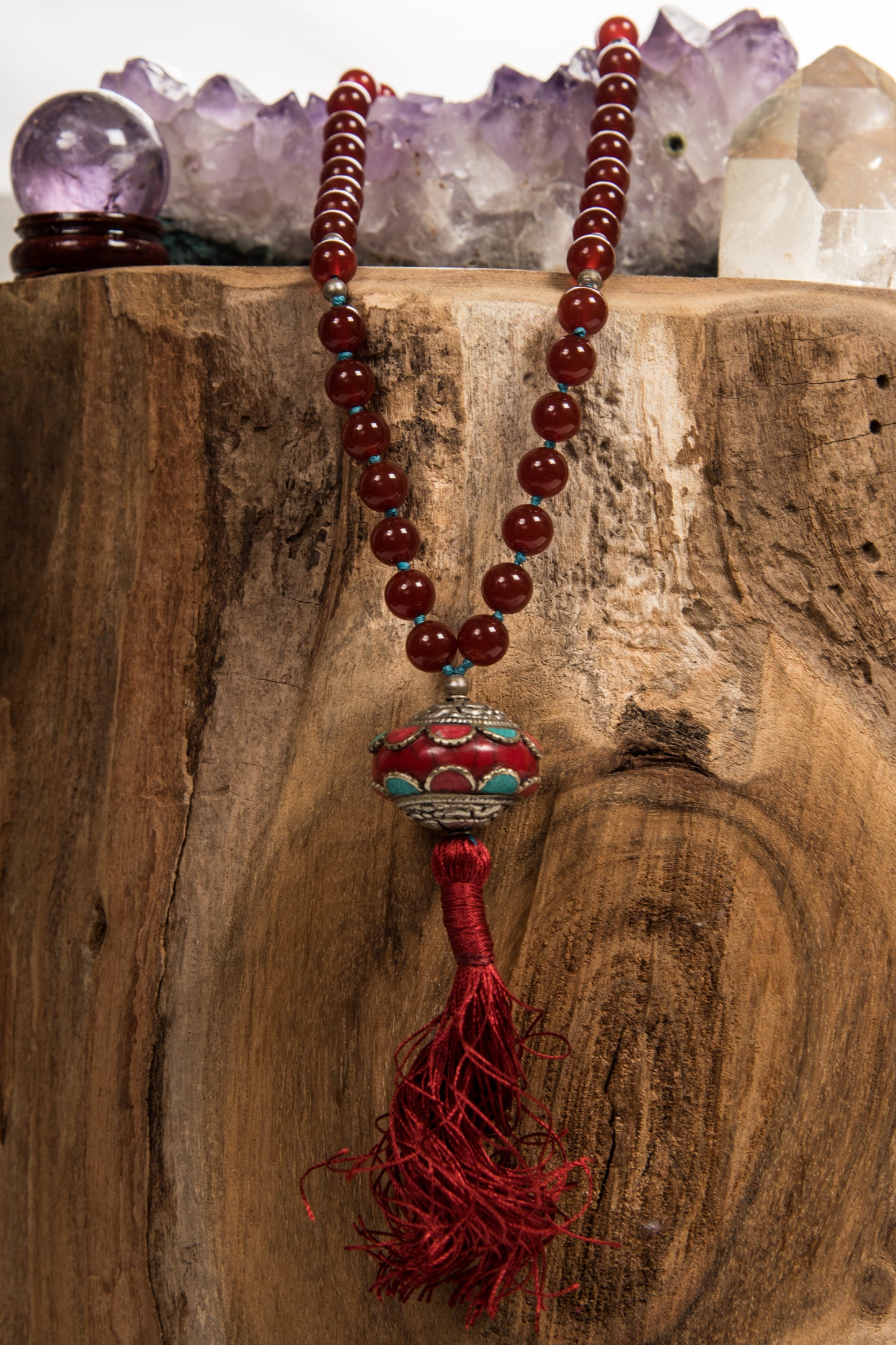 mala in agata rossa e perla tibetana fatta a mano in pietra dura naturale