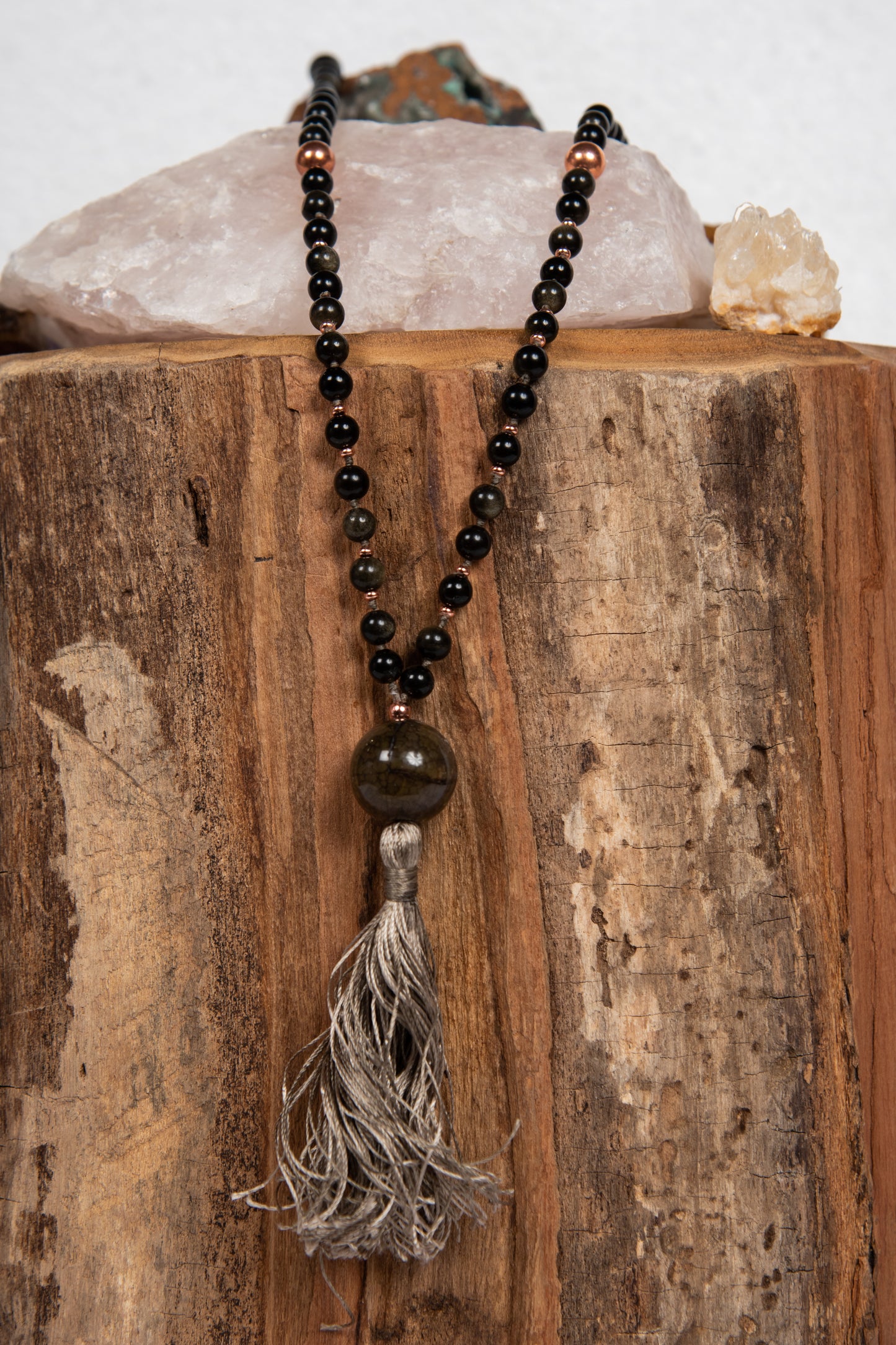 mala con 108 perle di ossidiana dorata e pietra guru in agata la madregea