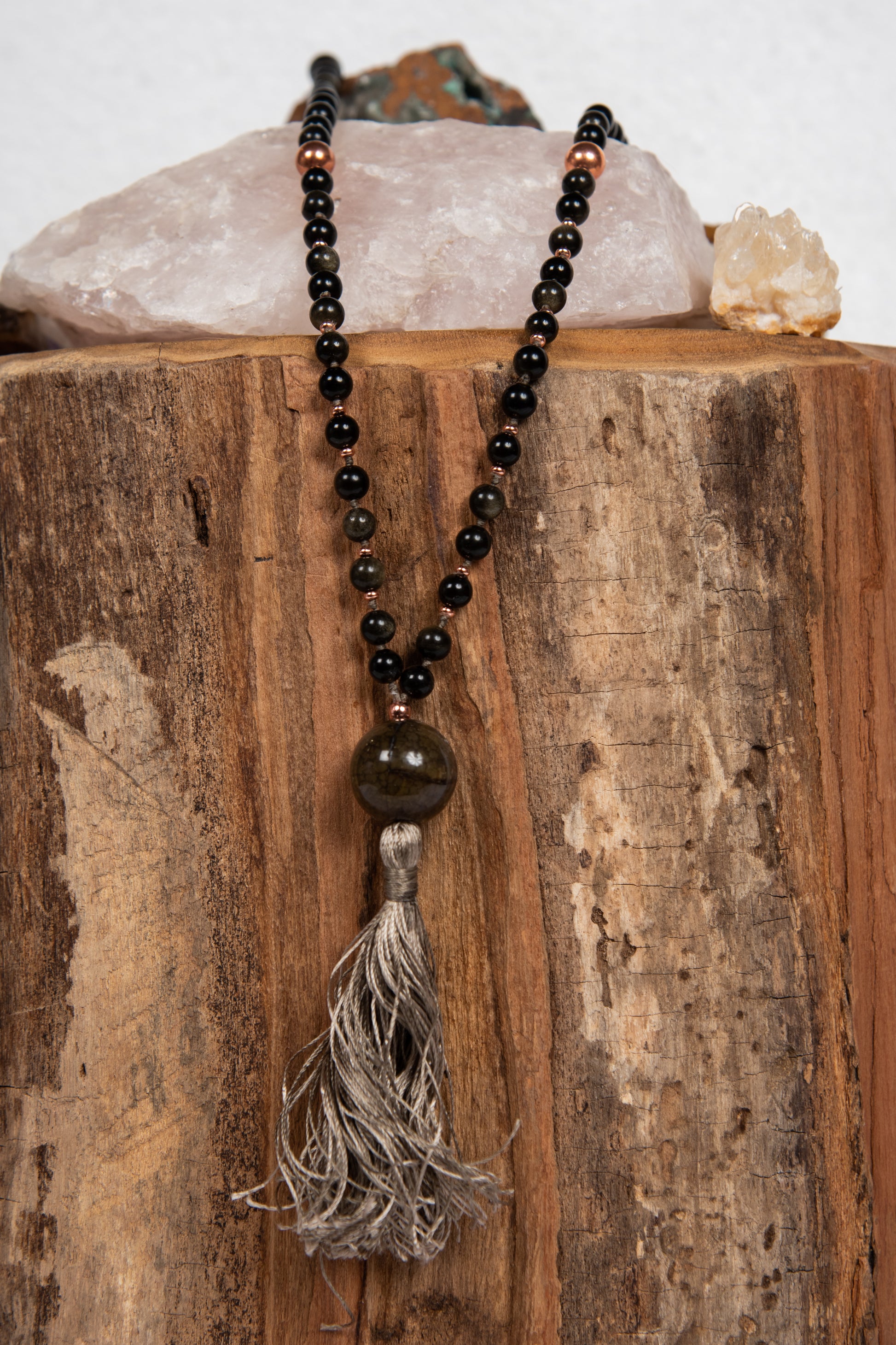 mala con 108 perle di ossidiana dorata e pietra guru in agata la madregea