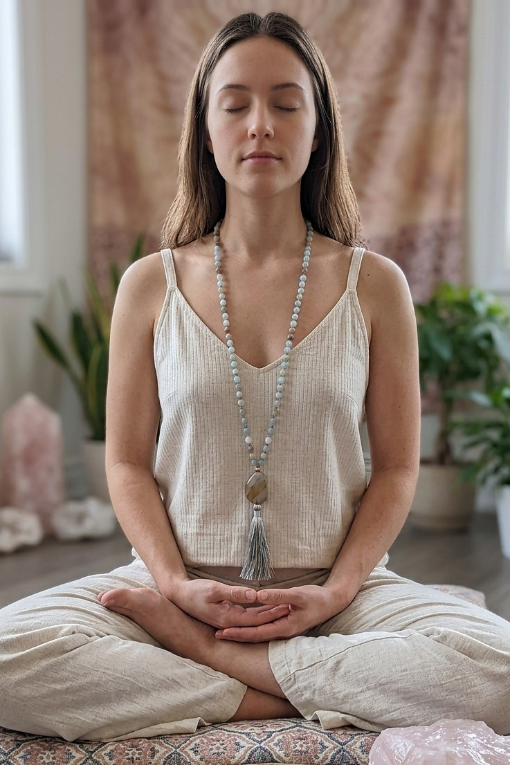 Mala 108 perle Calcite blu, pietra guru Agata, rame