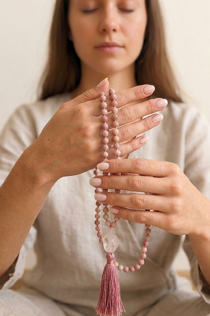Mala 108 in Rodonite, Pietra Guru Quarzo rosa e Rame