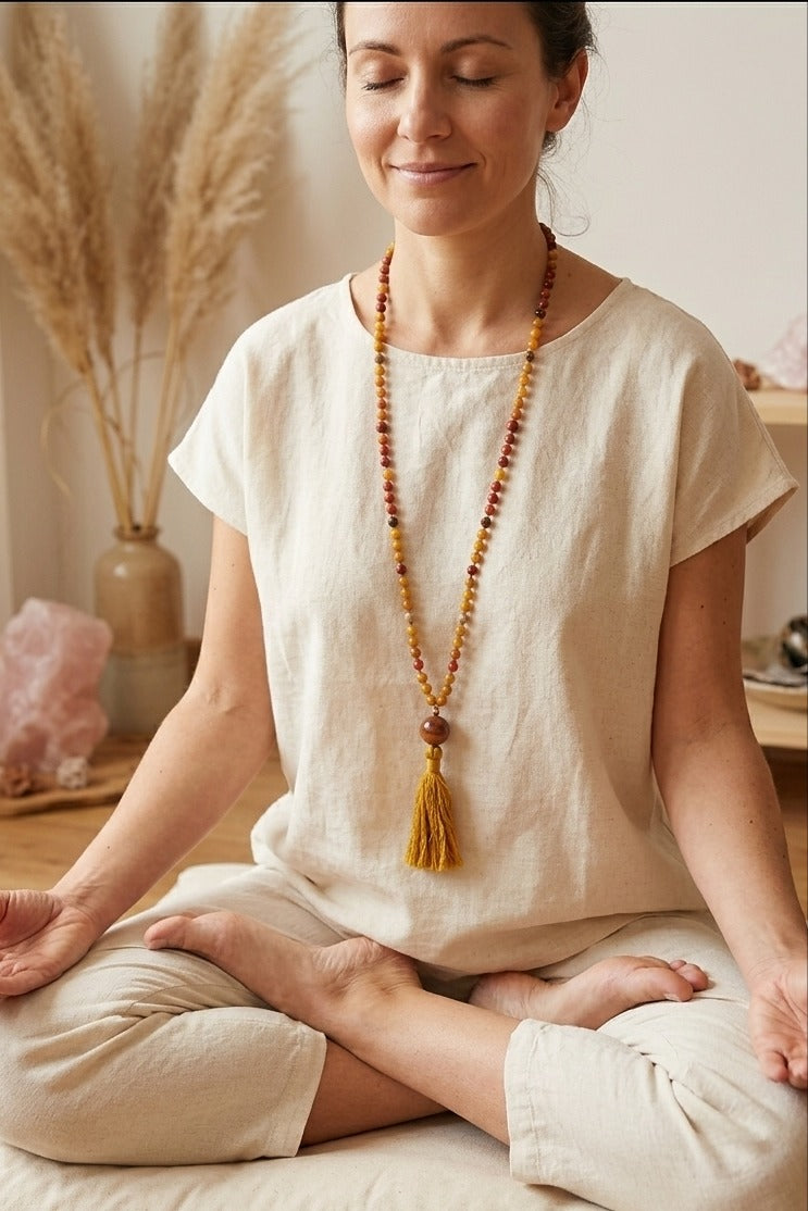 Mala da meditazione in Mookaite, Agata e Rame – 108 perle