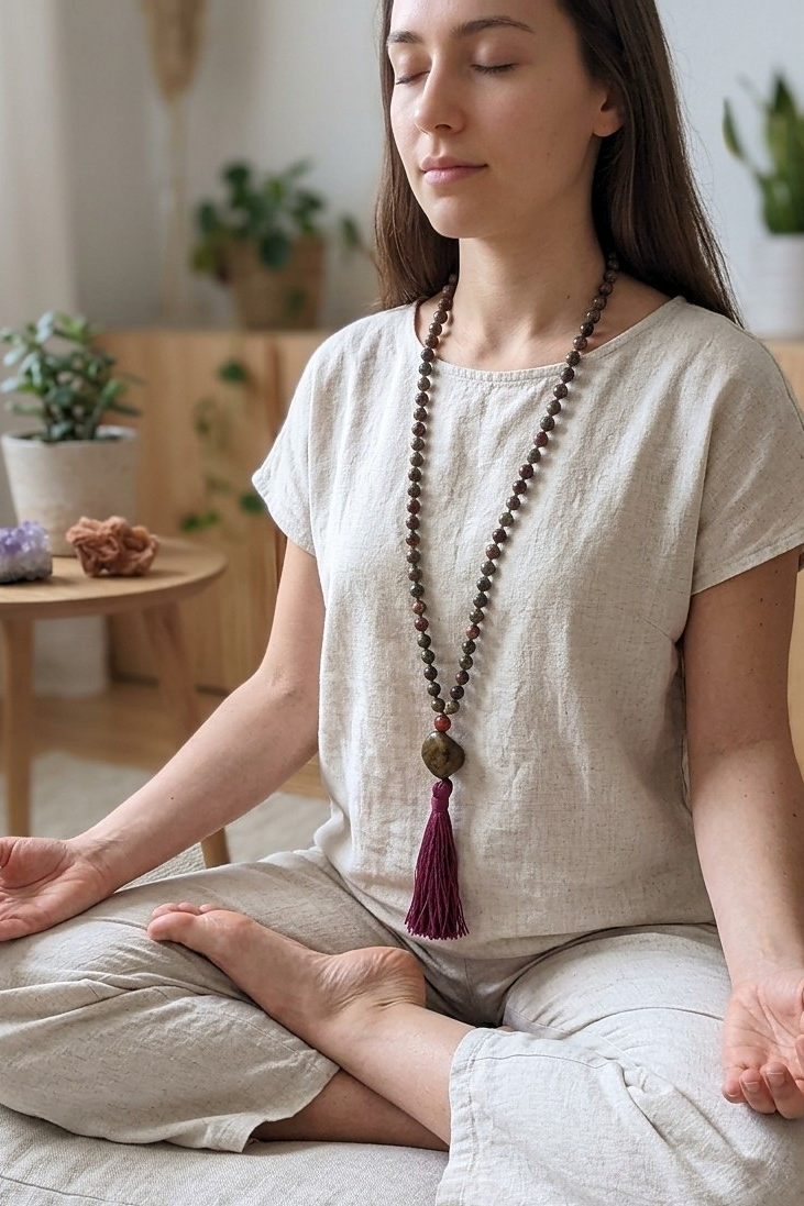 Mala da meditazione 108 perle in Pietra sangue di drago, Agata rossa, Pietra Guru Labradorite, Rame