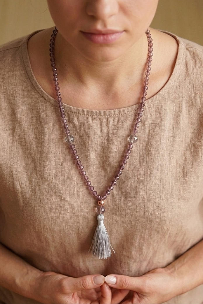 Mala da meditazione 108 perle Quarzo Fumè, pietra guru Quarzo Fumè, rame
