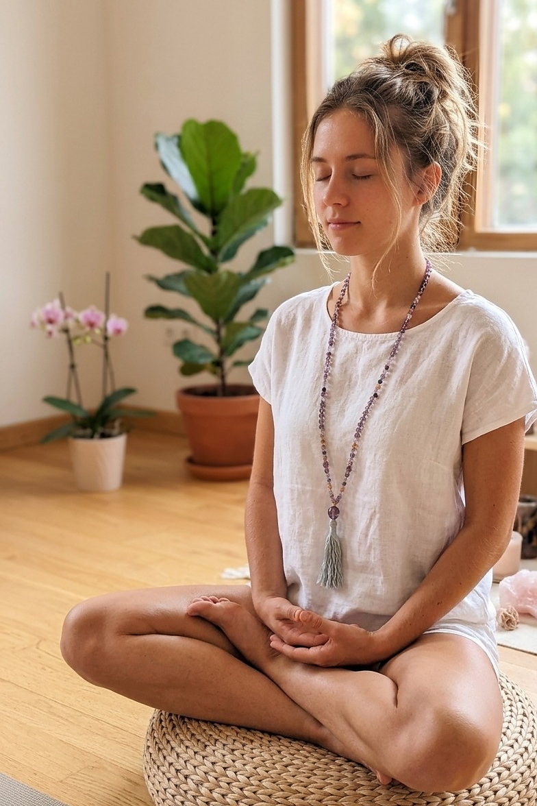 Mala da meditazione 108 Quarzo Fumè, Tormalina vari colori, pietra guru Quarzo Fumé , rame