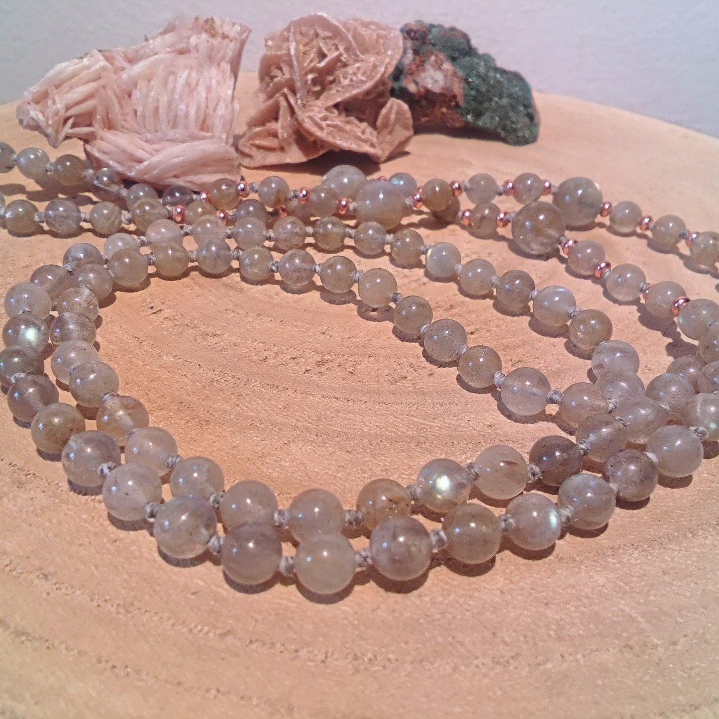 Mala in Labradorite, Pietra guru Agata grigia, Rame