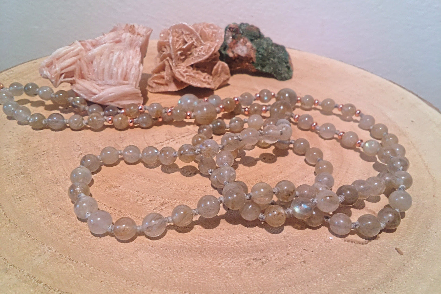 Mala in Labradorite, Pietra guru Agata grigia, Rame