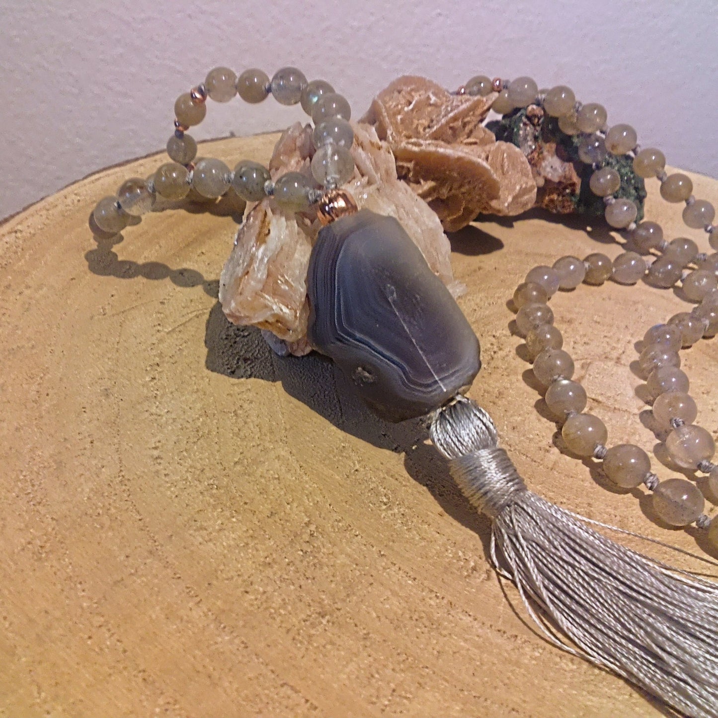 Mala in Labradorite, Pietra guru Agata grigia, Rame