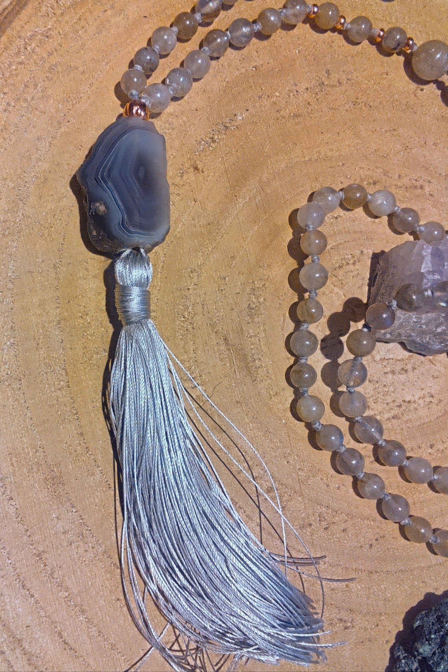 Mala in Labradorite, Pietra guru Agata grigia, Rame