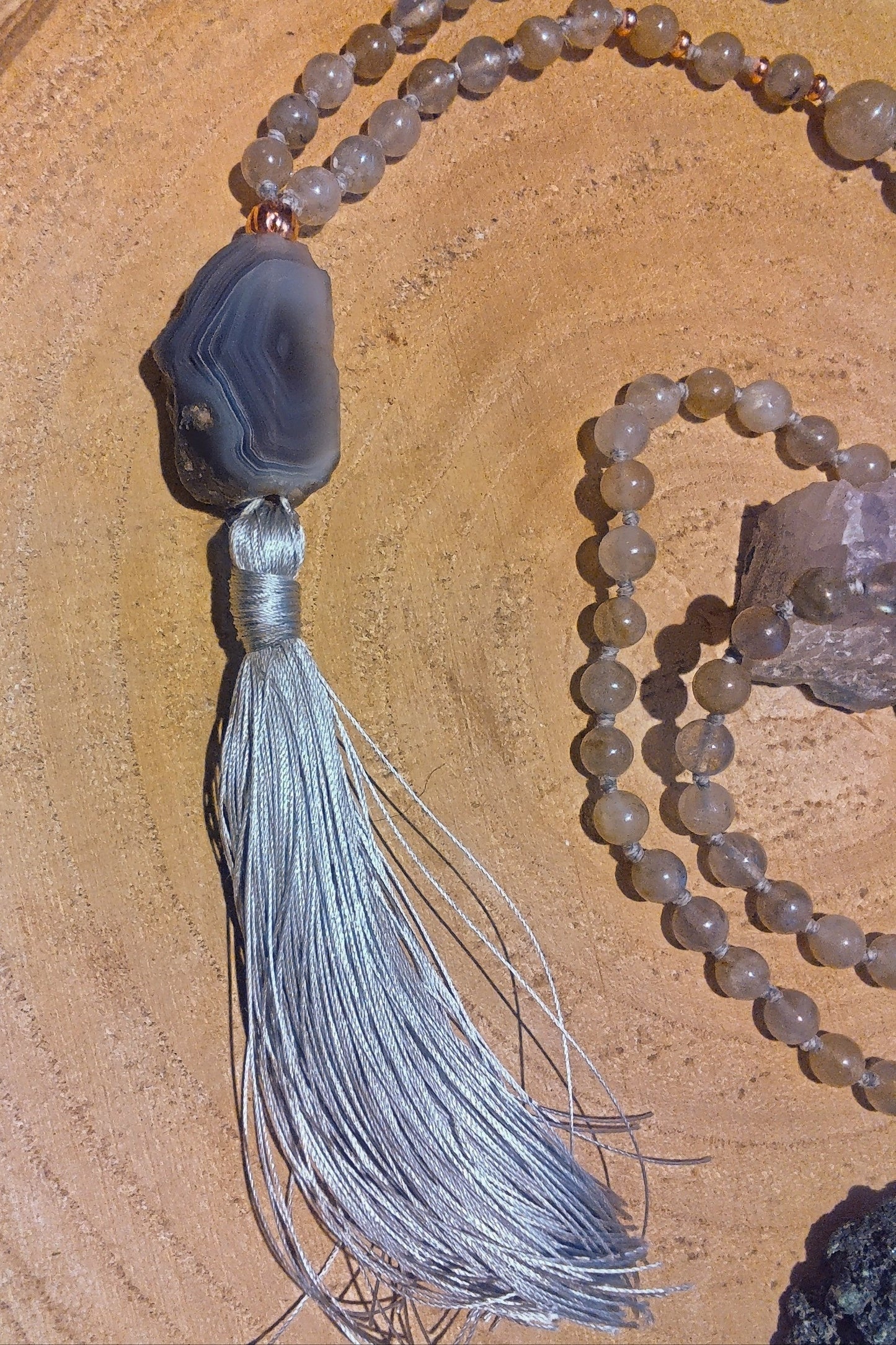 Mala in Labradorite, Pietra guru Agata grigia, Rame