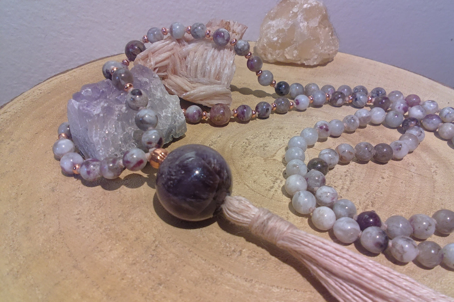 Mala artigianale con pietre dure naturali di Elbaite, Pietra Guru Ametista, Rame