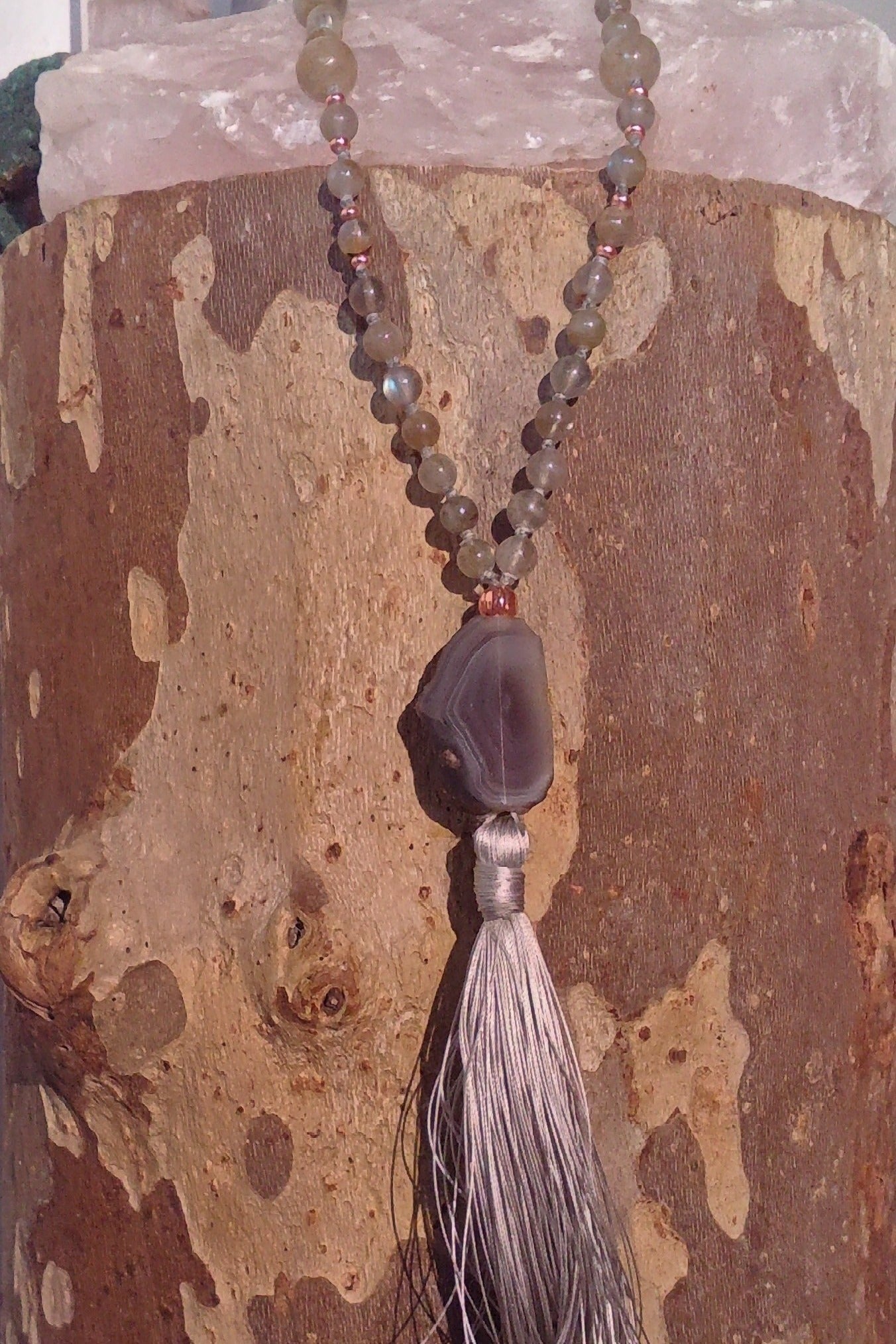 Mala in Labradorite, Pietra guru Agata grigia, Rame