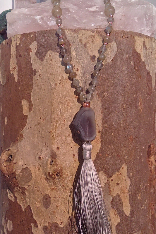Mala in Labradorite, Pietra guru Agata grigia, Rame