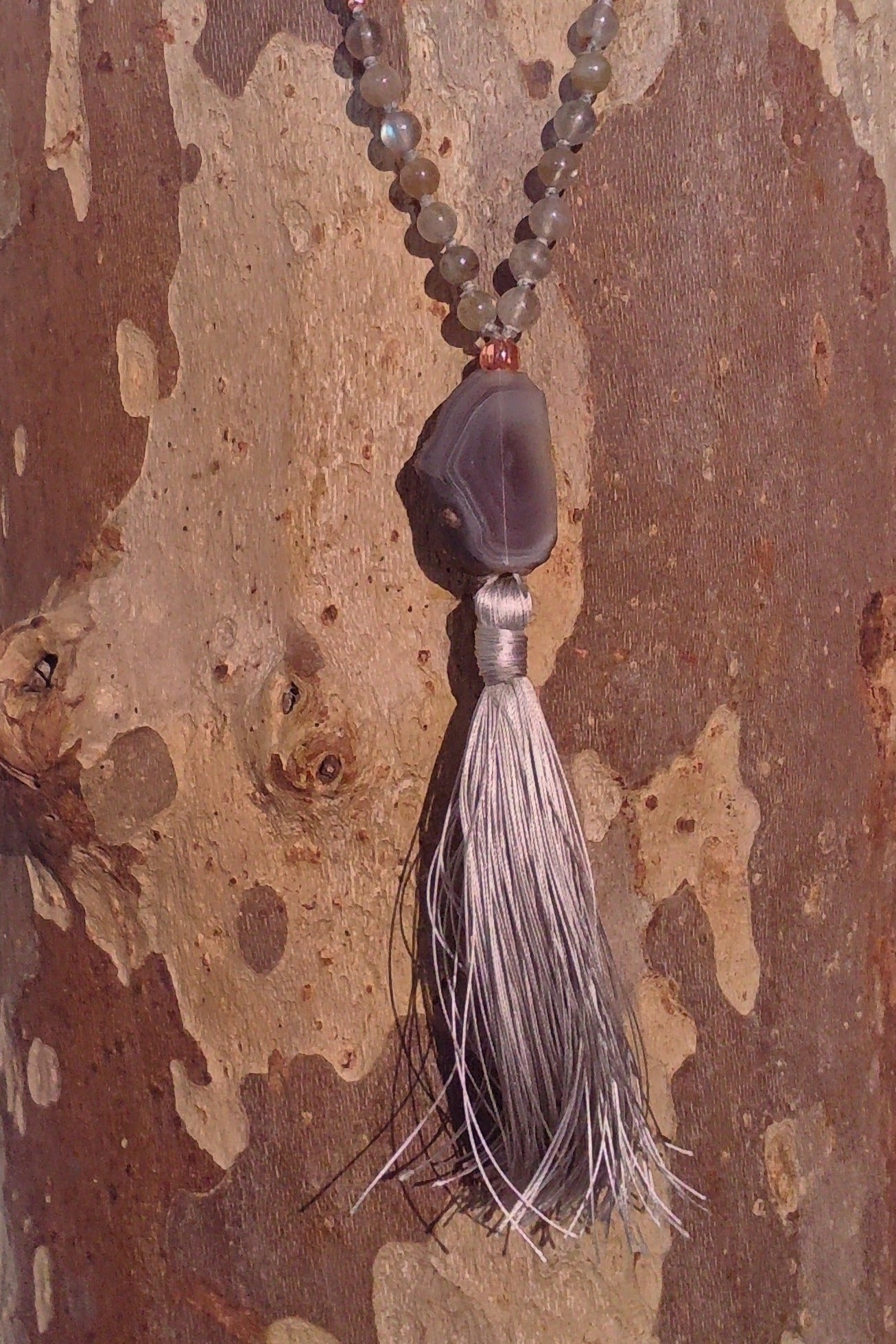 Mala in Labradorite, Pietra guru Agata grigia, Rame