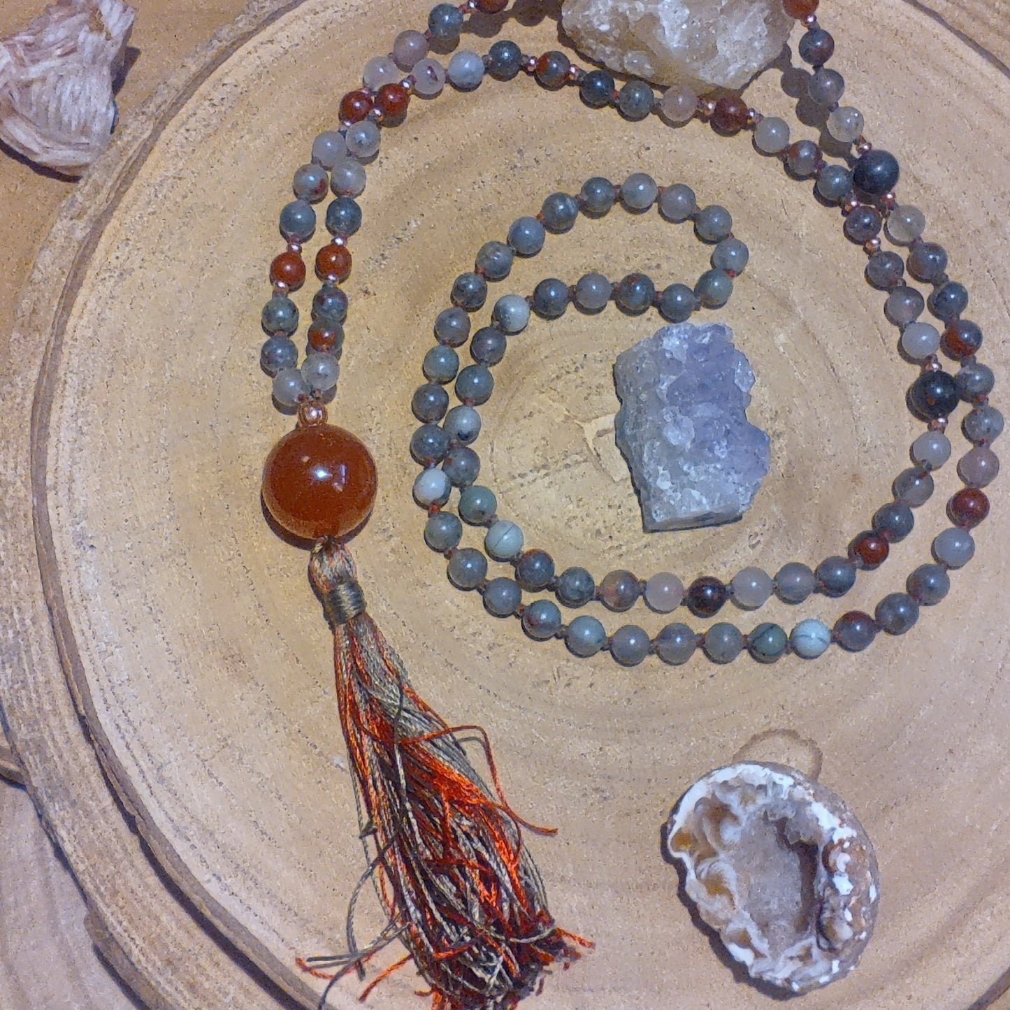 Mala fatta a mano con pietre dure naturali in Eliotropio Diaspro Sanguigno, Pietra Guru Agata rossa, Rame