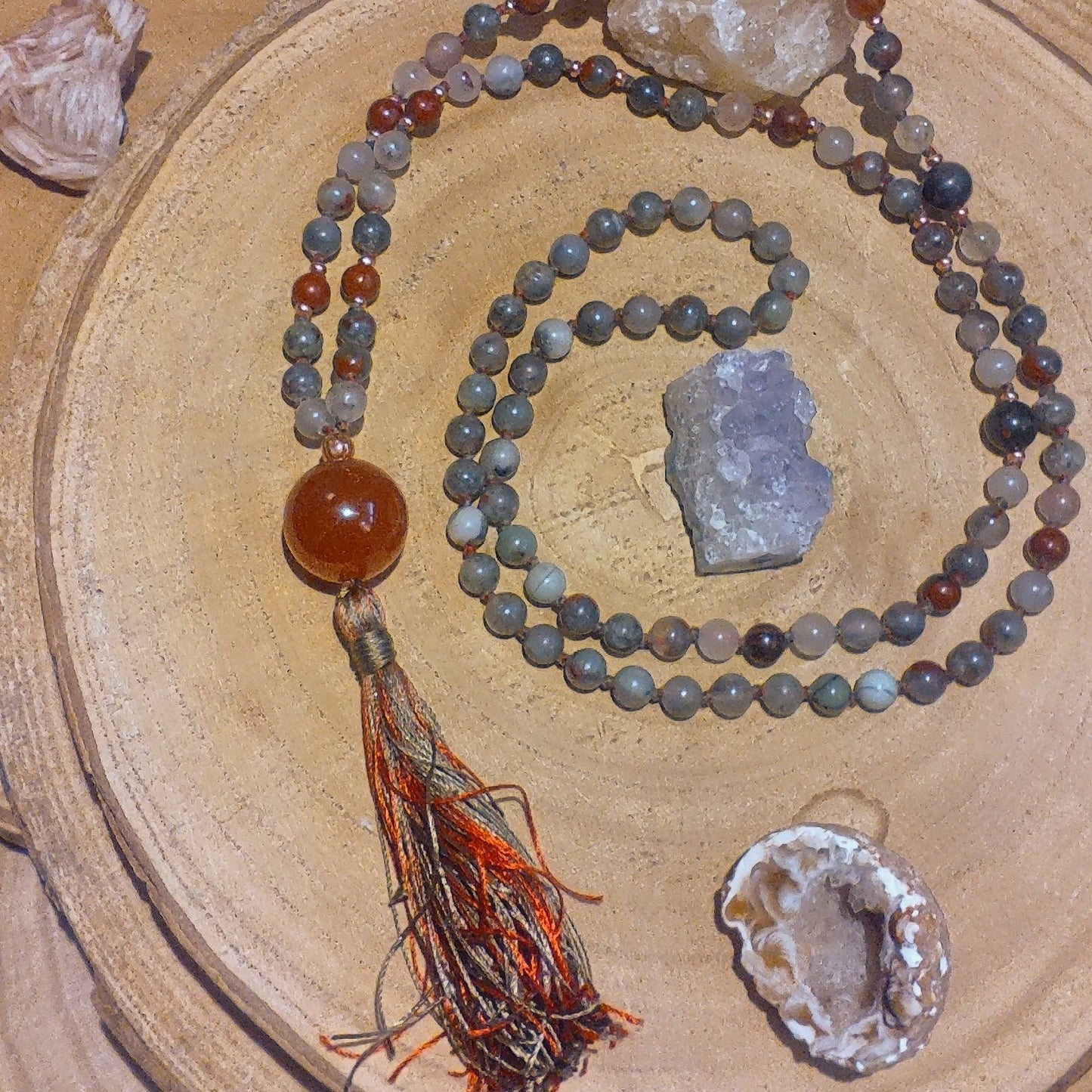 Mala fatta a mano con pietre dure naturali in Eliotropio Diaspro Sanguigno, Pietra Guru Agata rossa, Rame