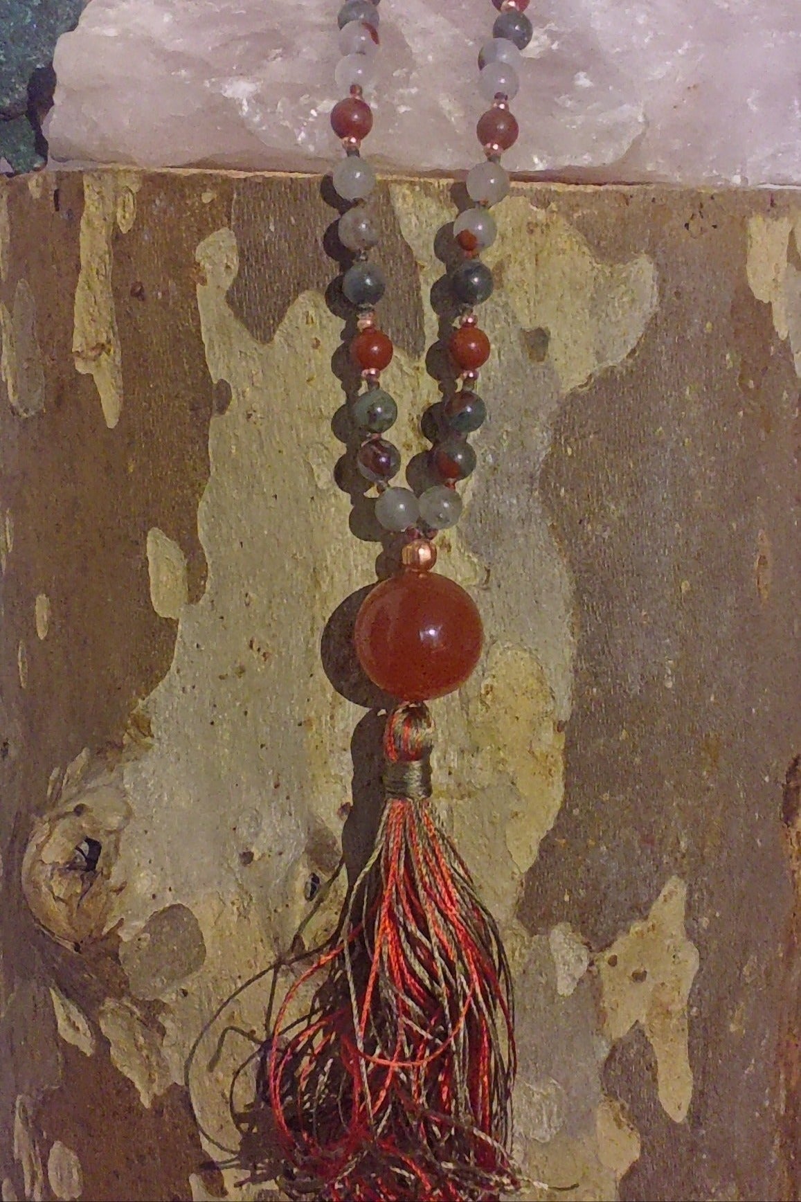 Mala fatta a mano con pietre dure naturali in Eliotropio Diaspro Sanguigno, Pietra Guru Agata rossa, Rame