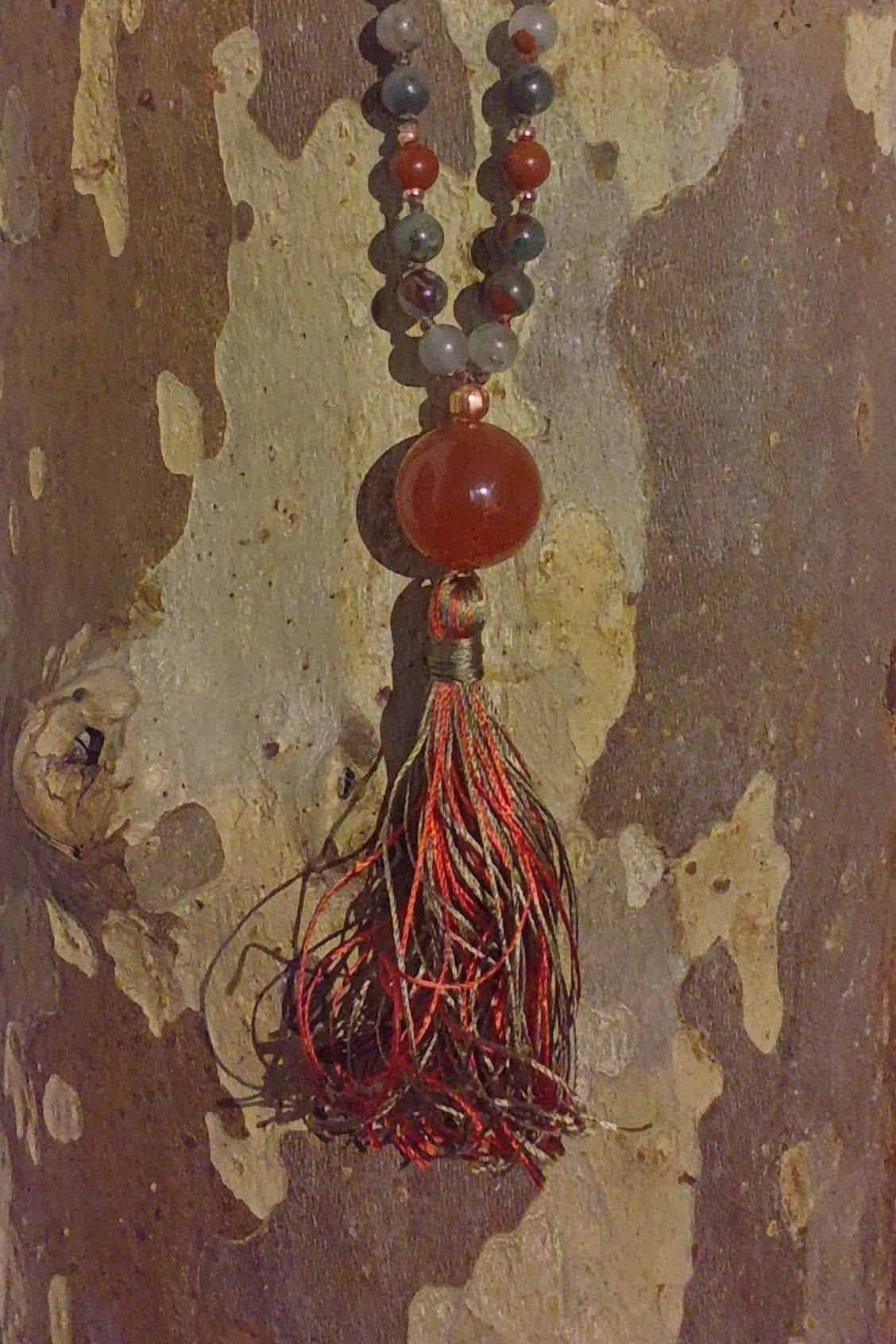 Mala fatta a mano con pietre dure naturali in Eliotropio Diaspro Sanguigno, Pietra Guru Agata rossa, Rame