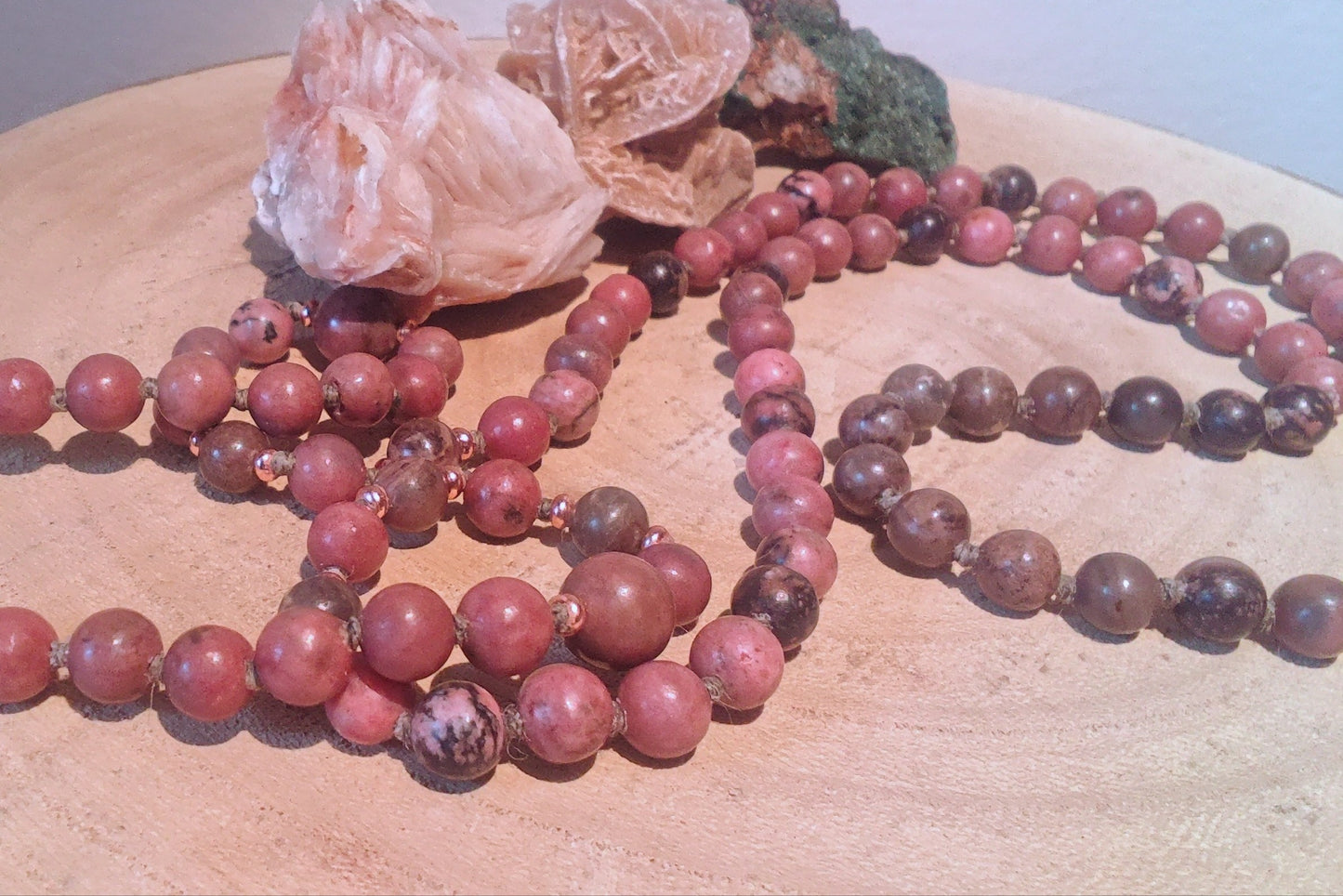 Mala da meditazione in Rodonite, Pietra Guru Agata e rame