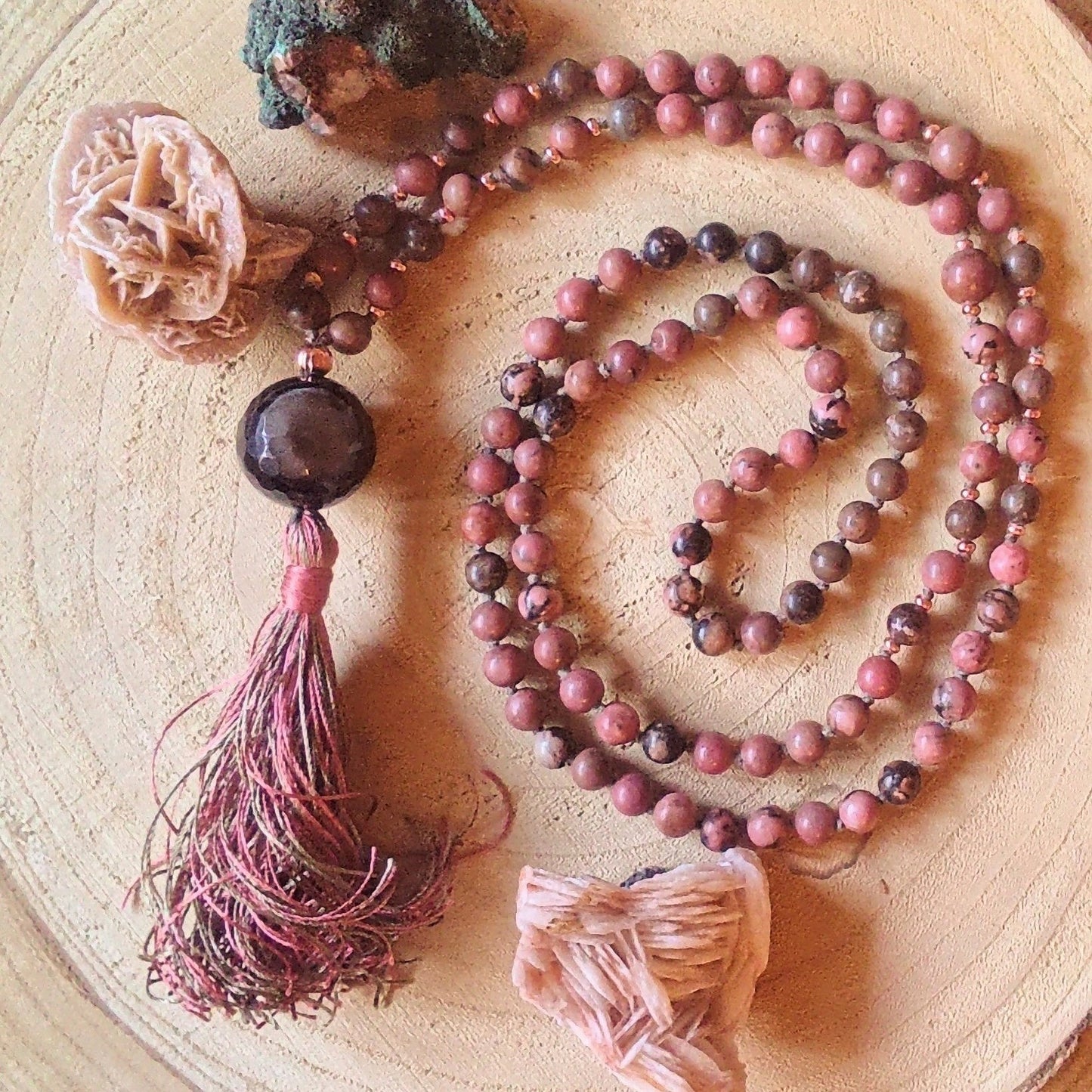 Mala da meditazione in Rodonite, Pietra Guru Agata e rame