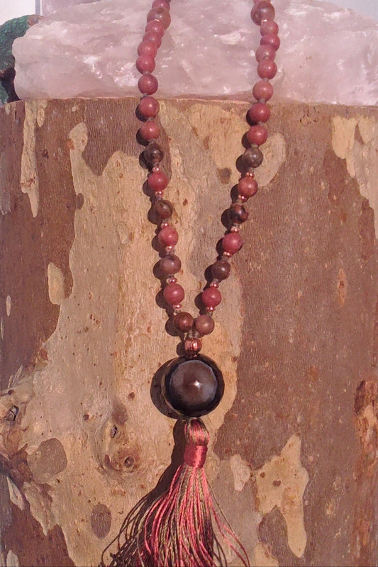 Mala da meditazione in Rodonite, Pietra Guru Agata e rame