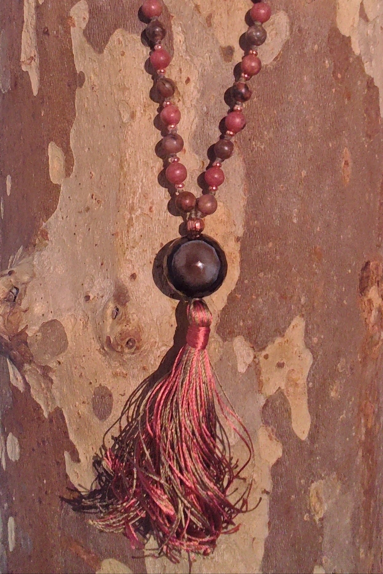 Mala da meditazione in Rodonite, Pietra Guru Agata e rame